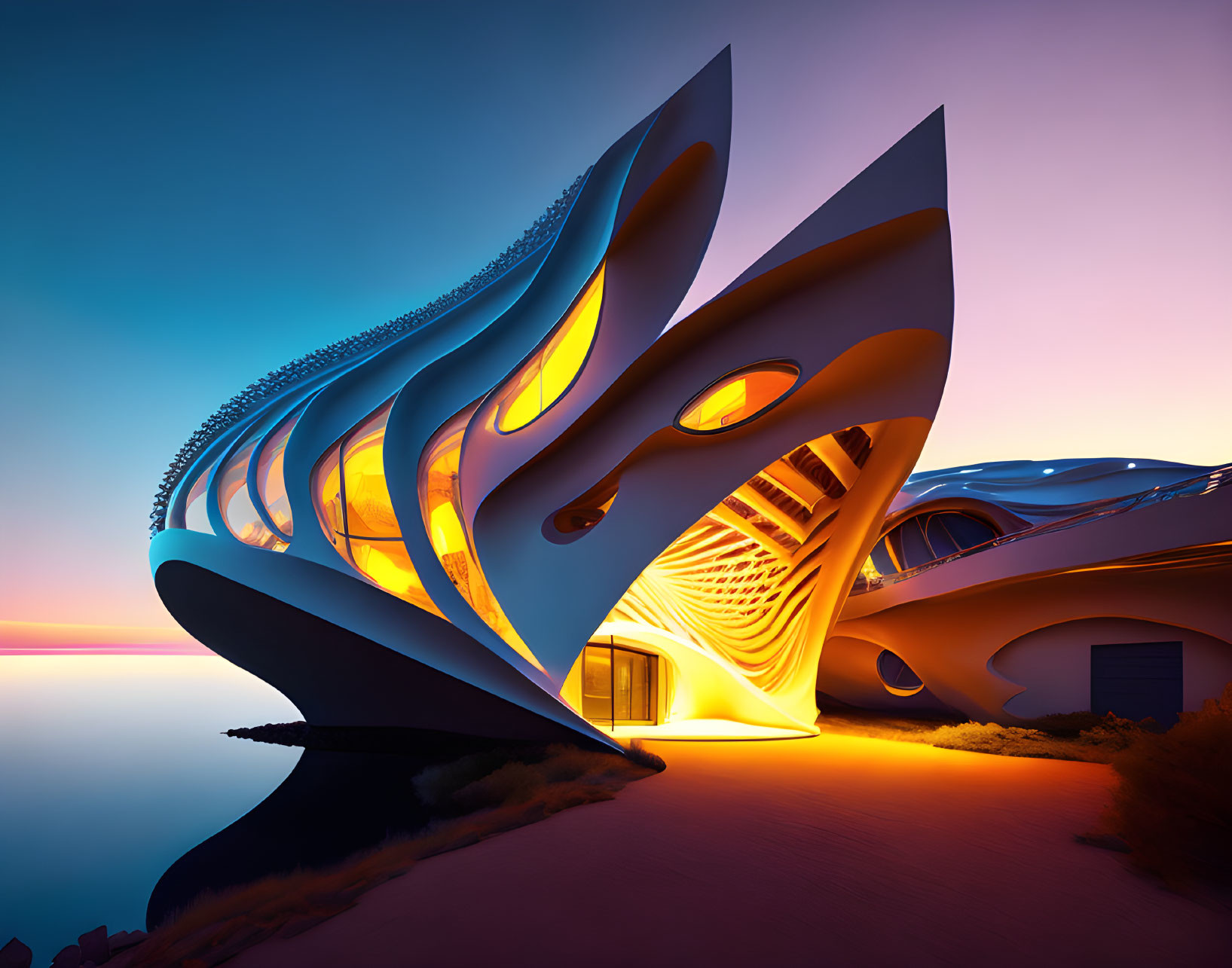 Futuristic architecture with flowing curves and warm lighting at dusk on a serene coastline