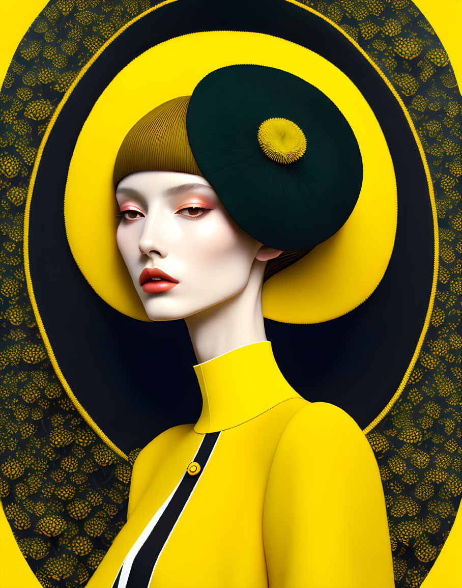 Stylized portrait of woman with pale skin and red lips in yellow outfit