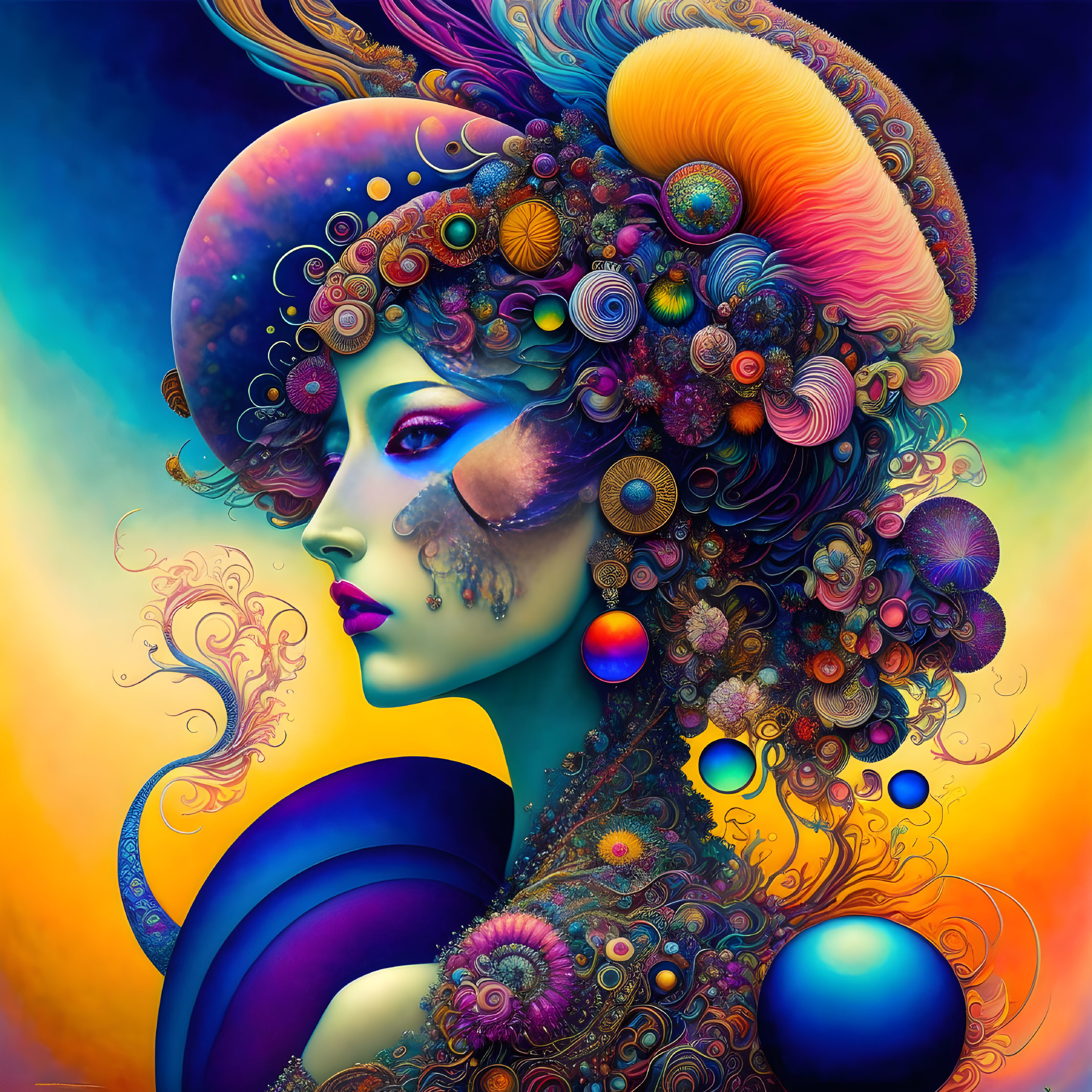 Colorful Abstract Portrait: Elaborate Hair & Marine Elements