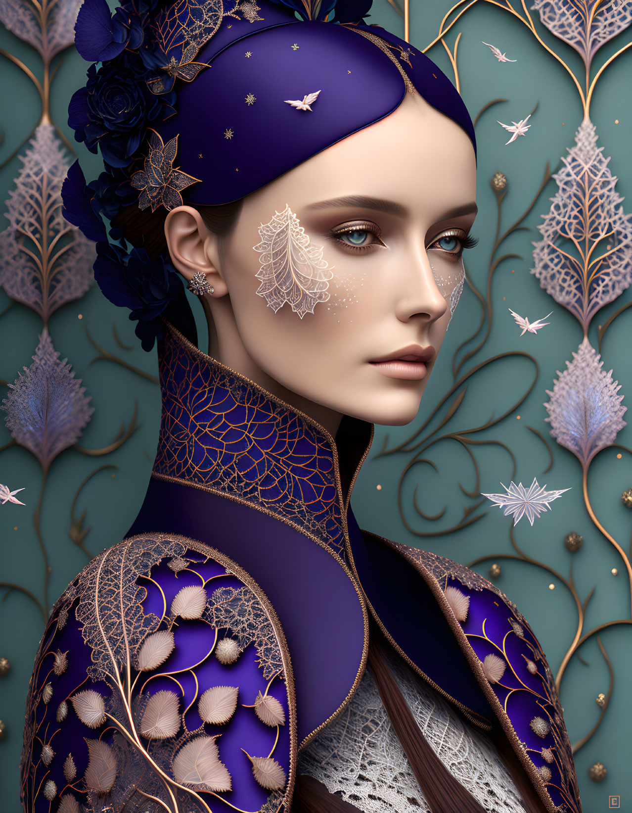 Woman illustration with gold and blue botanical designs and violet headscarf