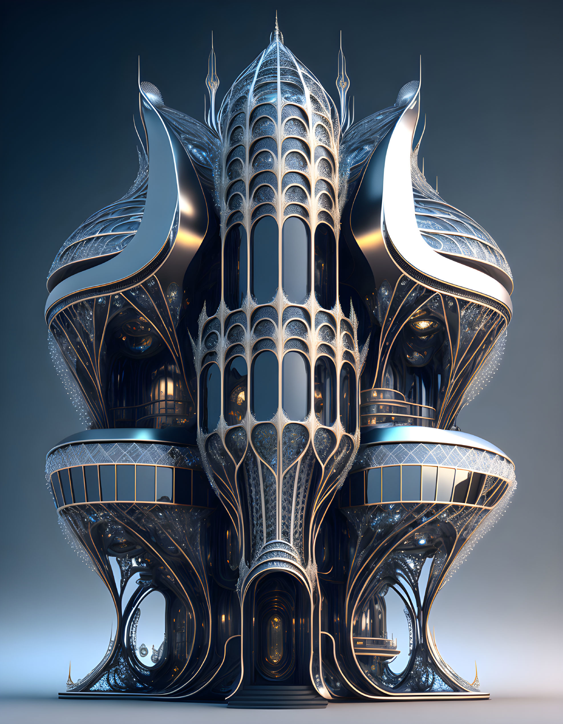 Intricate futuristic building with metallic designs