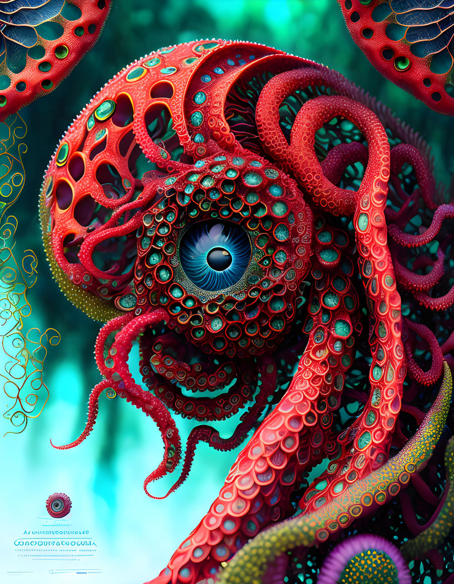 Colorful surreal octopus with detailed eye in oceanic setting