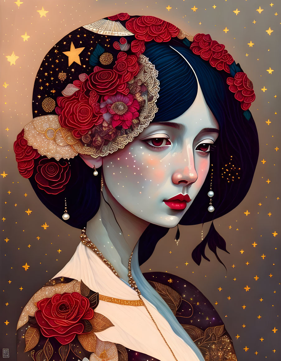 Illustration of woman with dark hair, red flower hair adornments, starry background, teard