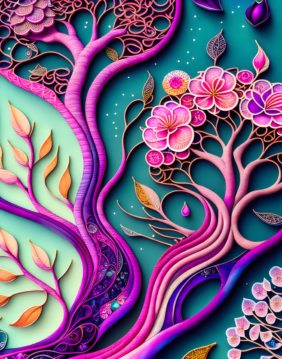 Colorful pink trees and floral patterns on teal background.