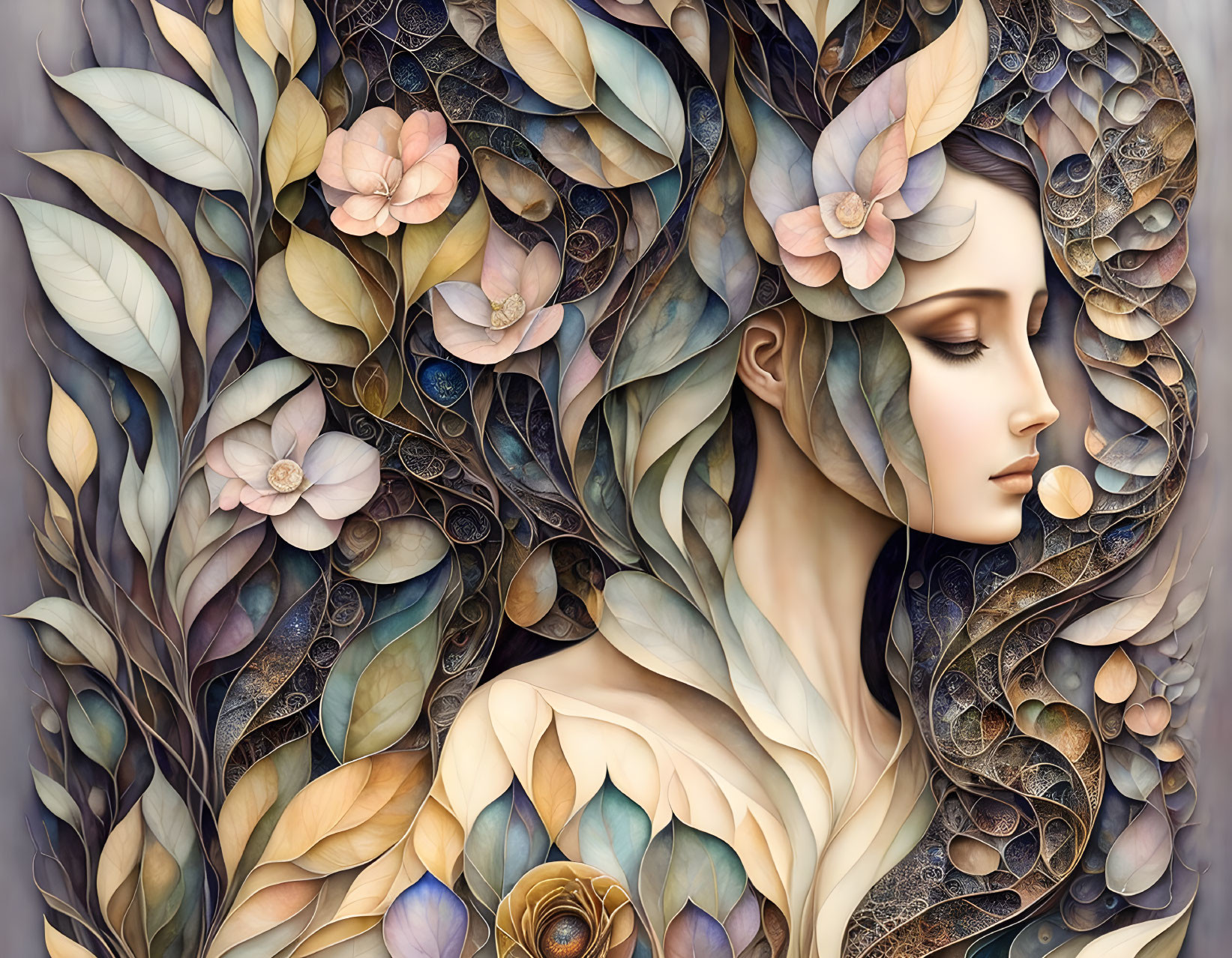 Woman surrounded by stylized leaves and flowers in soft colors