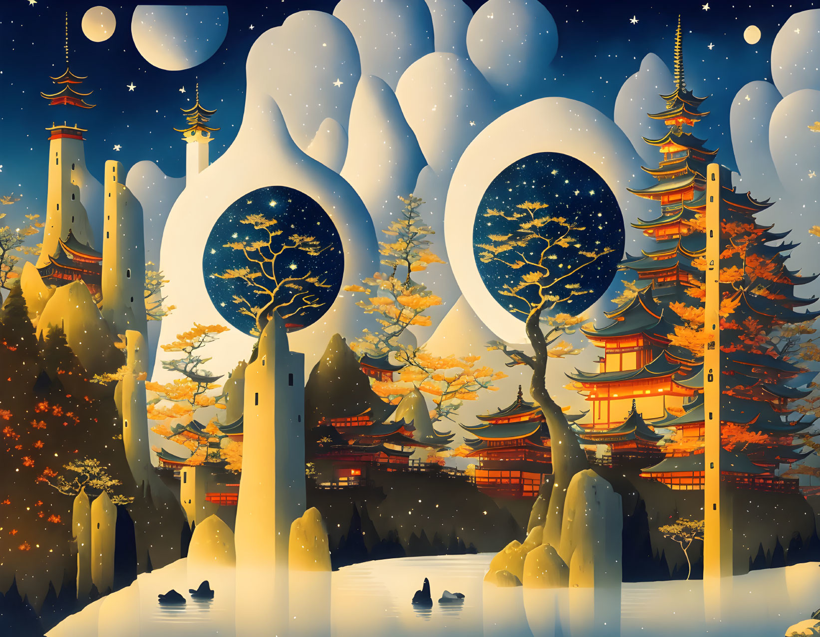 Fantastical Asian landscape with stylized trees, buildings, boats, and oversized moons