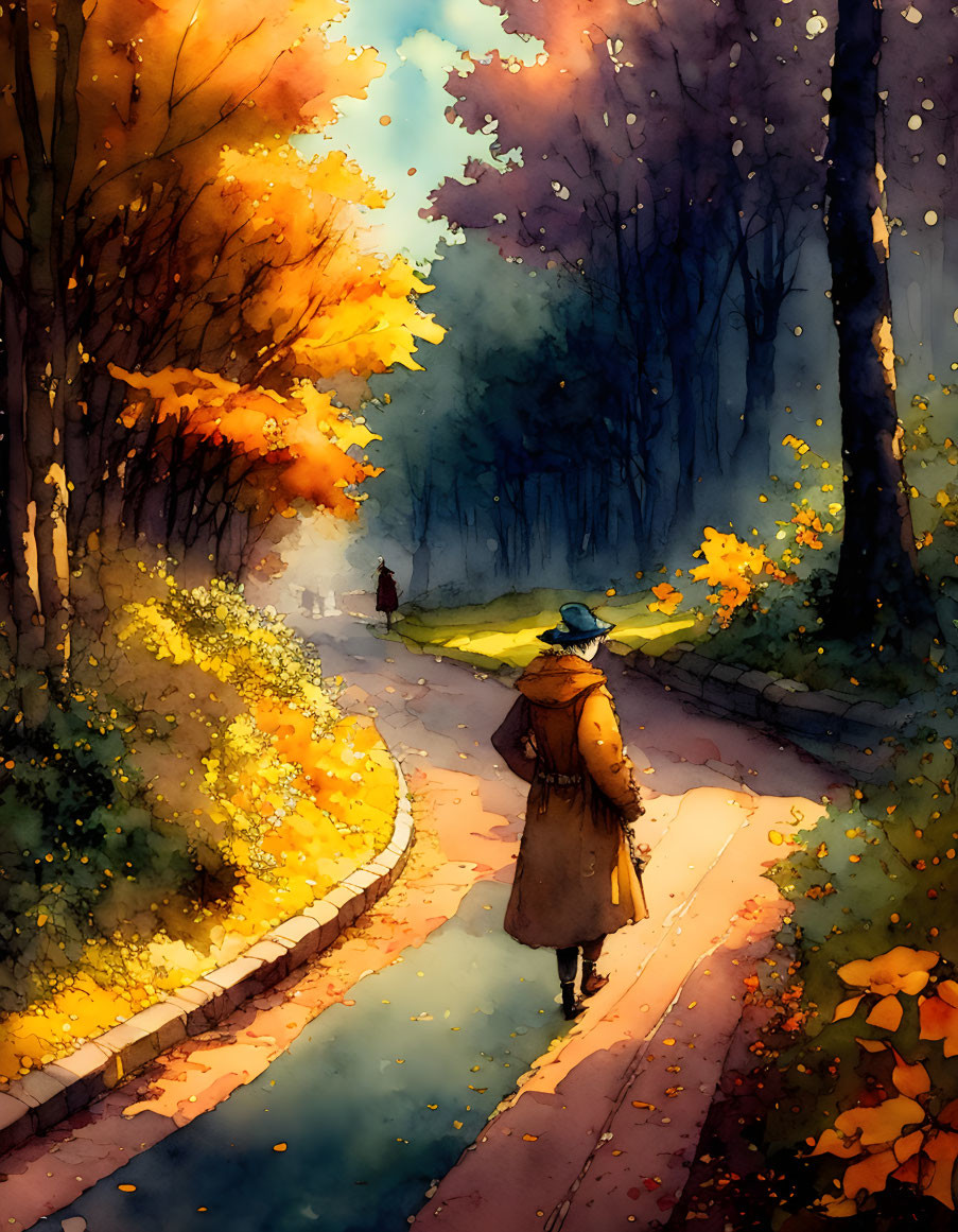 Person in coat and hat walking among autumn trees in warm light