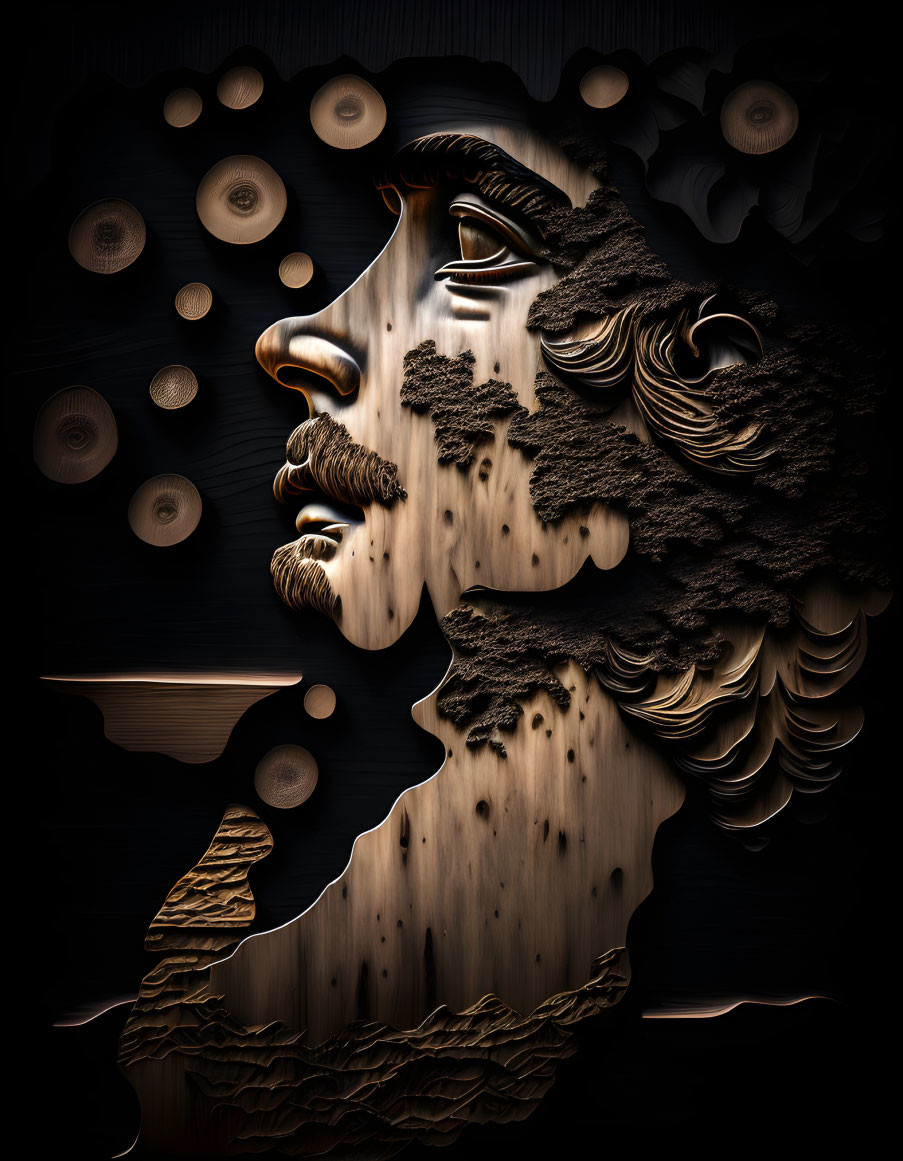 Surreal 3D classical face profile with black, brown, and metallic textures