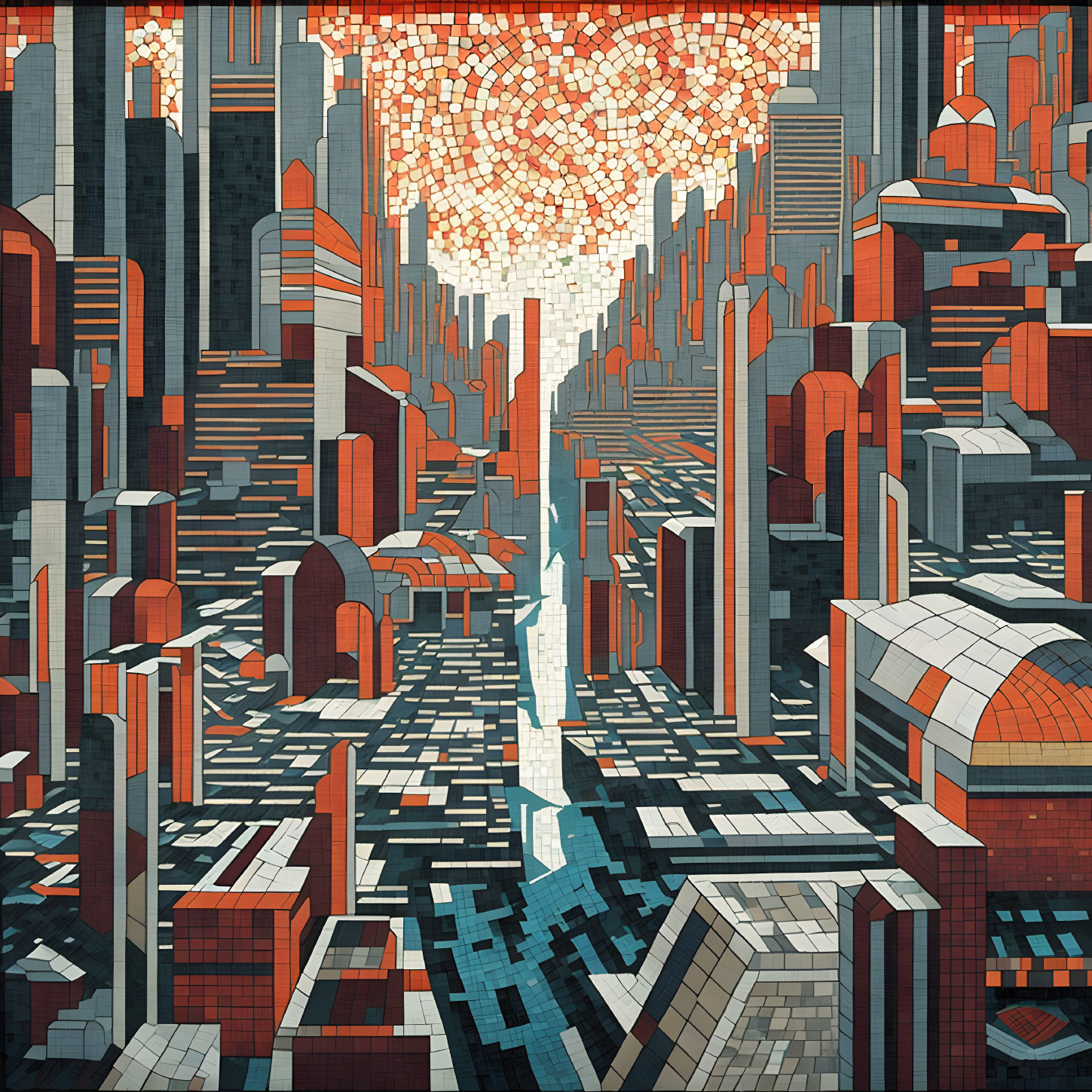 Futuristic cityscape with geometric high-rises and hexagonal sky