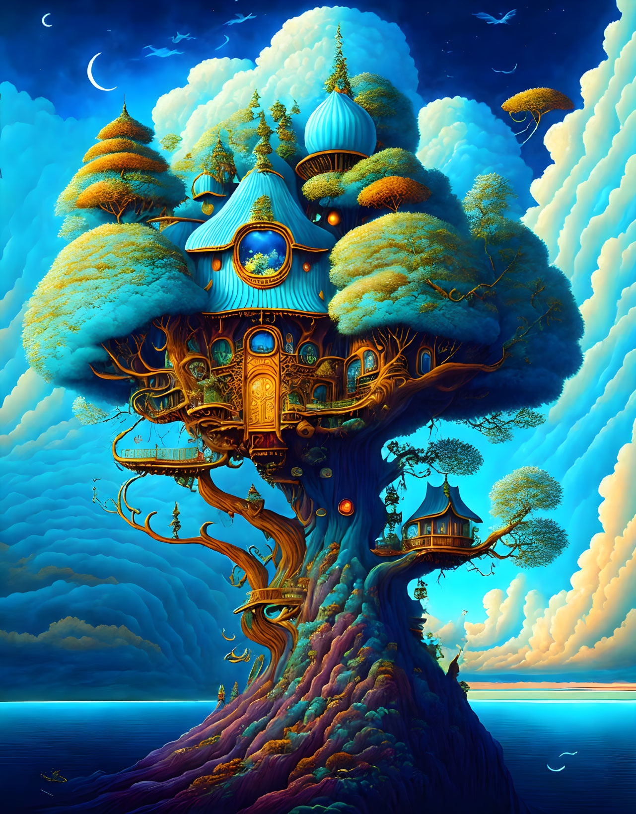 Fantastical artwork: Majestic tree with ornate buildings under starry sky