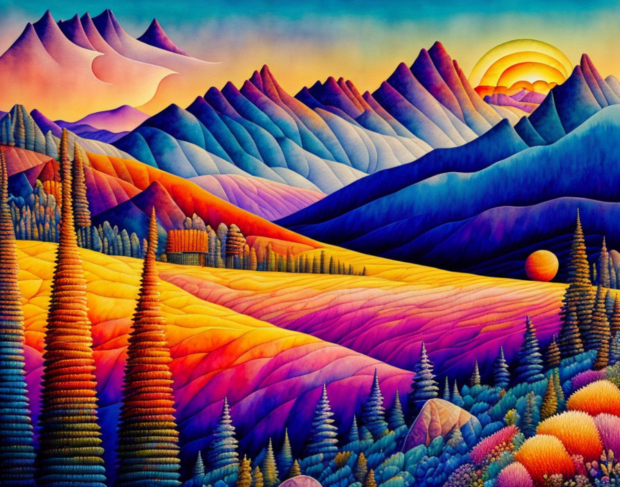 Colorful landscape painting with rolling hills and mountains in purple, blue, and orange hues.