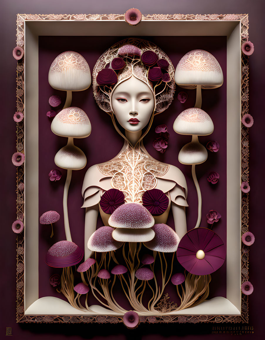 Figure with pale skin surrounded by mushrooms, vines, and flowers in maroon and cream hues.