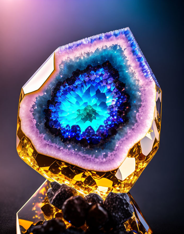 Colorful amethyst geode on golden base with blue core and gradient background