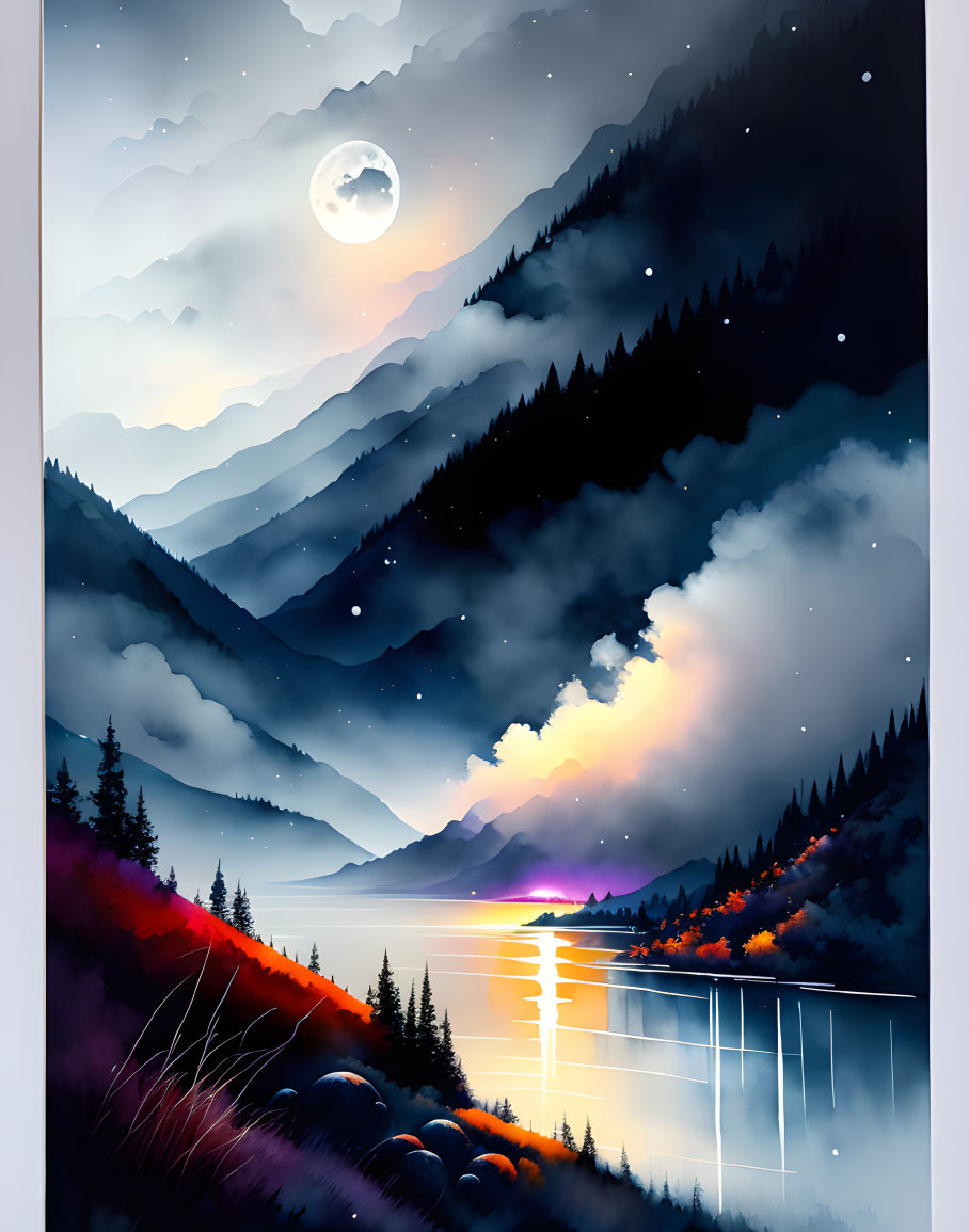 Moonlit mountain landscape with lake, stars, and colorful twilight horizon