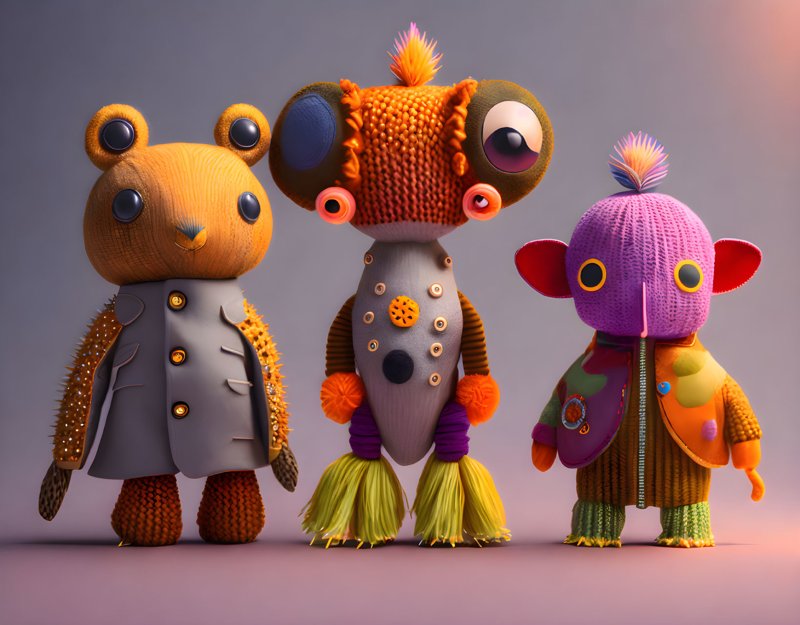 Whimsical stuffed animal characters with unique outfits on purple backdrop