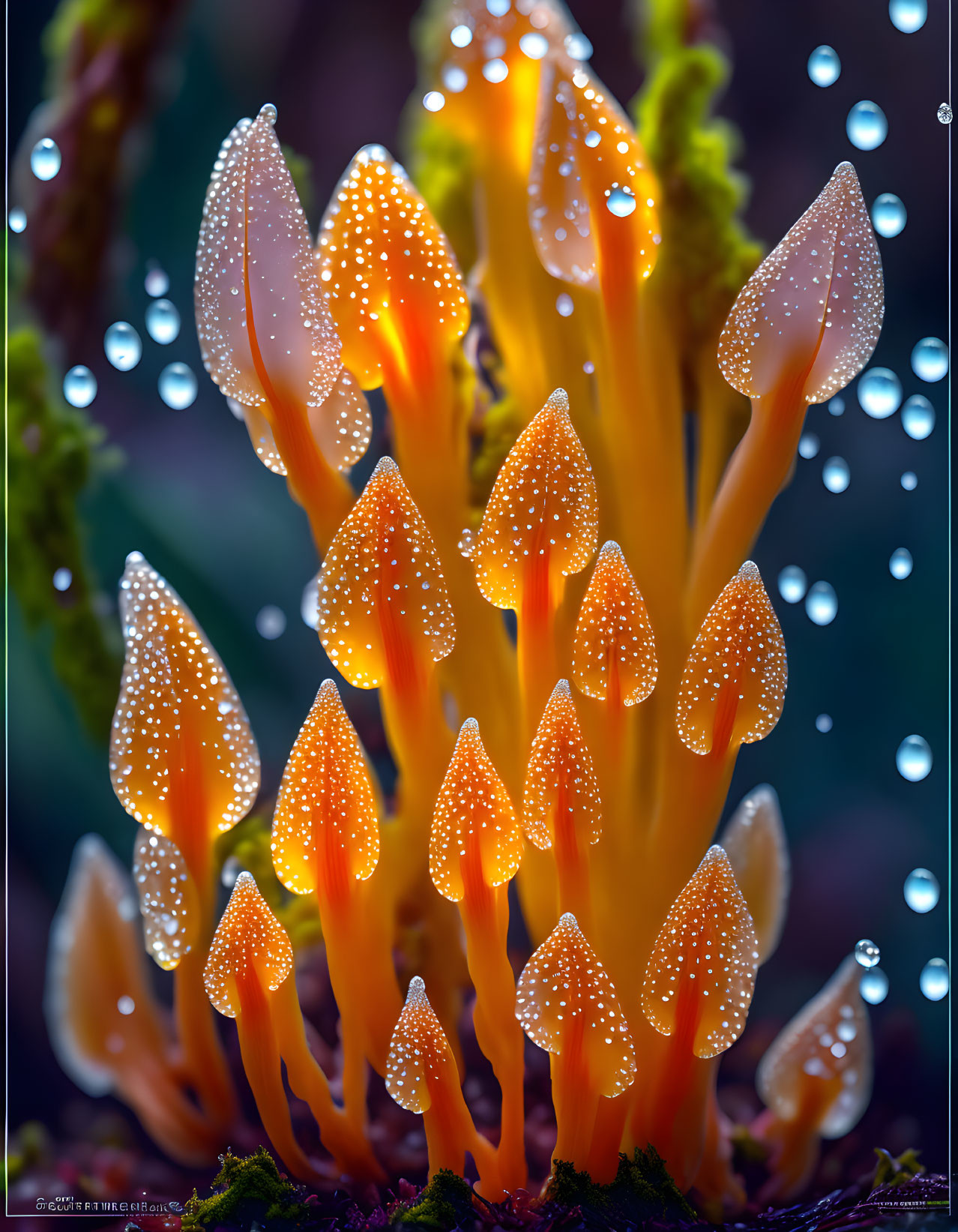 Vibrant orange mushroom-like organisms with water droplets on dark backdrop