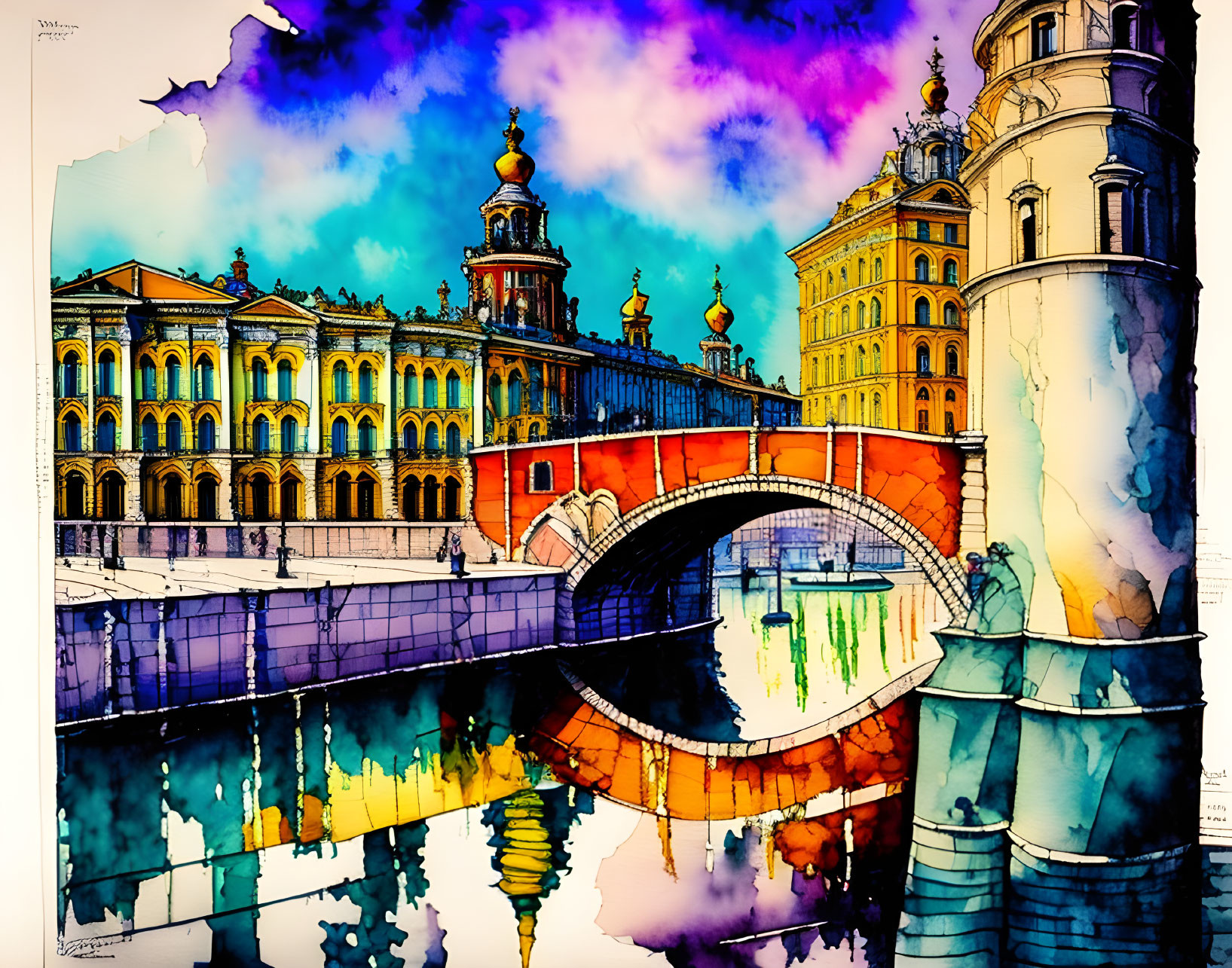 Colorful Watercolor Illustration of European-Style Building with Psychedelic Sky