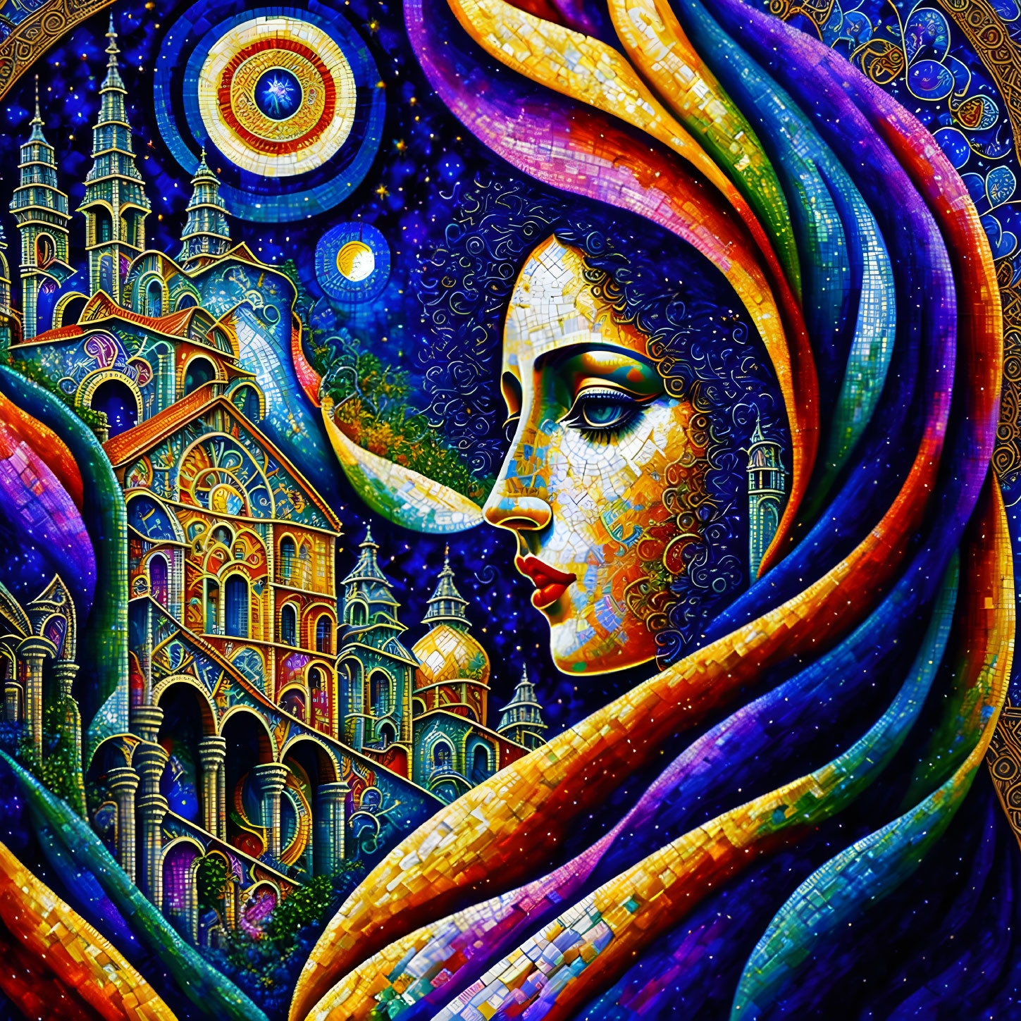 Colorful artwork of stylized woman with flowing hair in cosmic setting