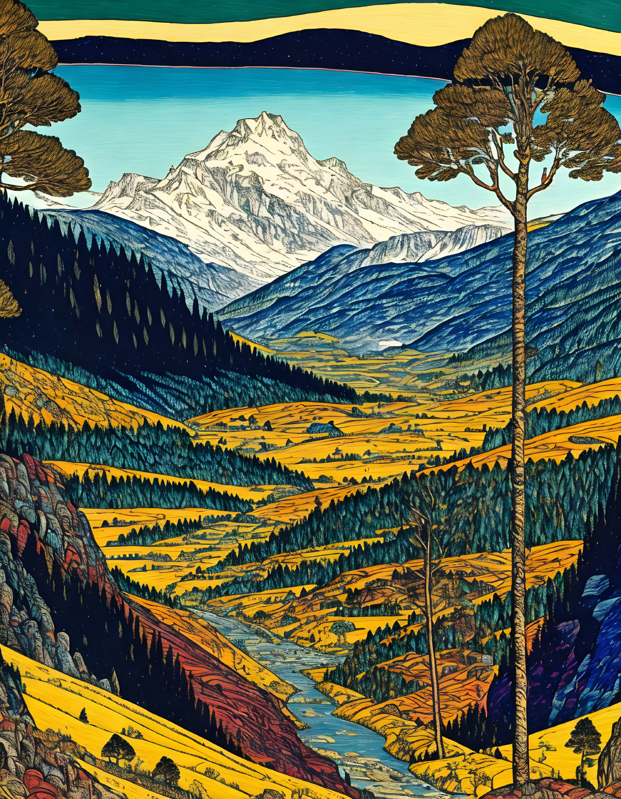 Vibrant illustrated landscape with towering mountain and pine forests