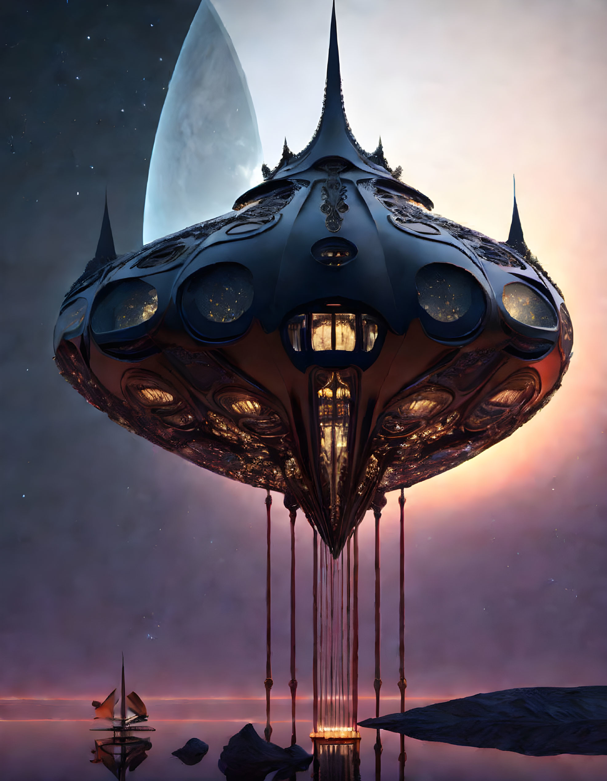 Fantastical airship with spires and glowing windows in twilight sky