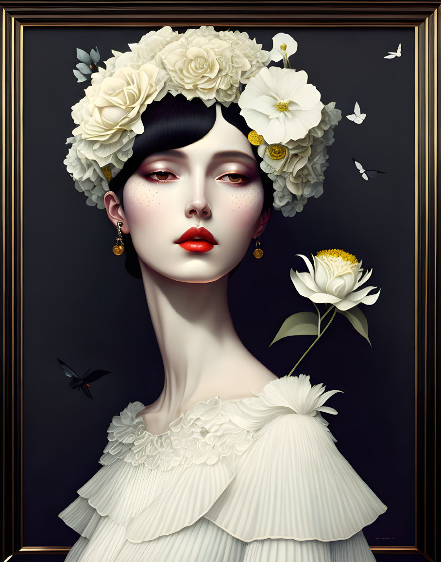 Portrait of woman with pale skin, dark hair, white flowers, gold earrings, white attire, and