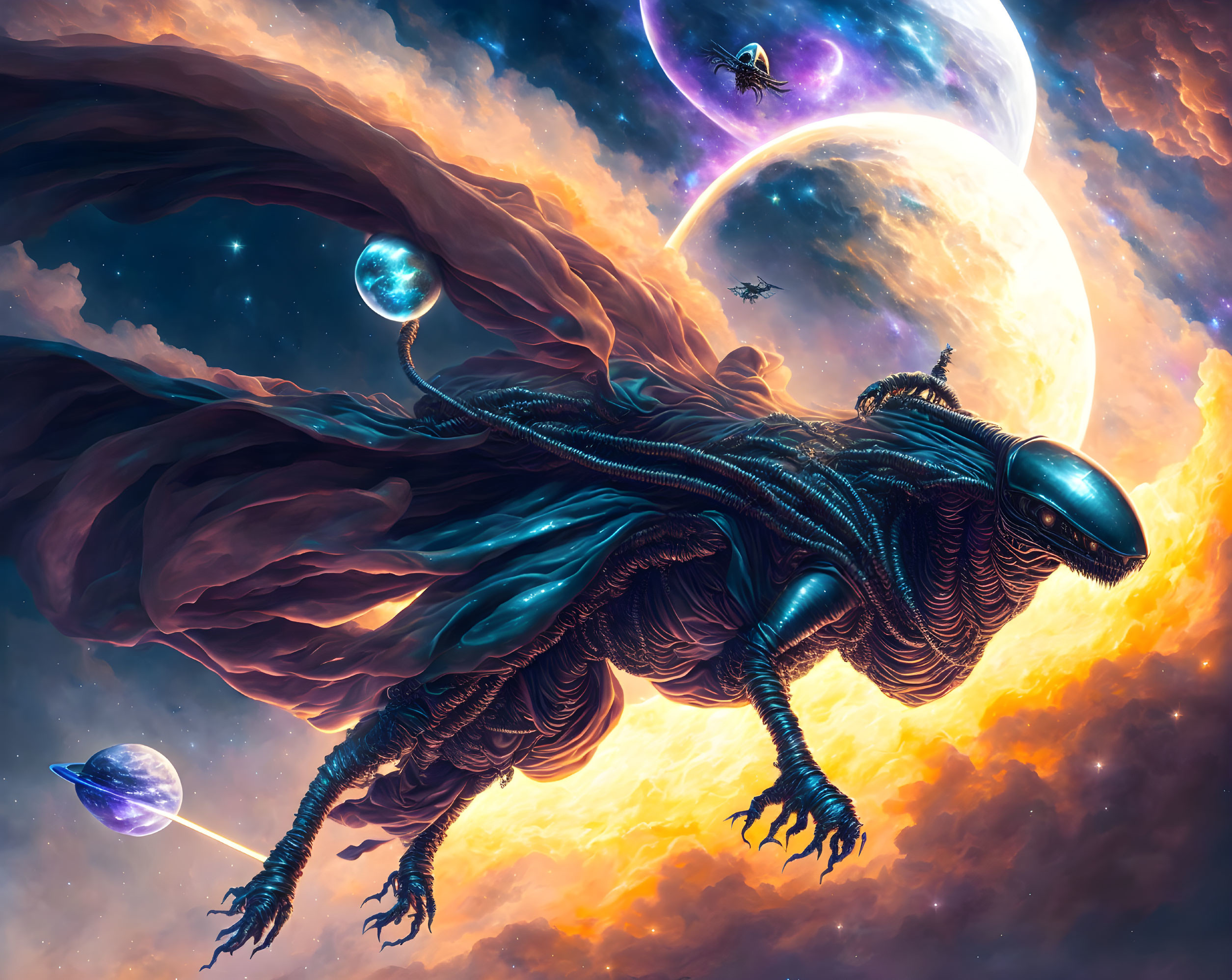 Giant armored alien creature in cosmic nebula landscape