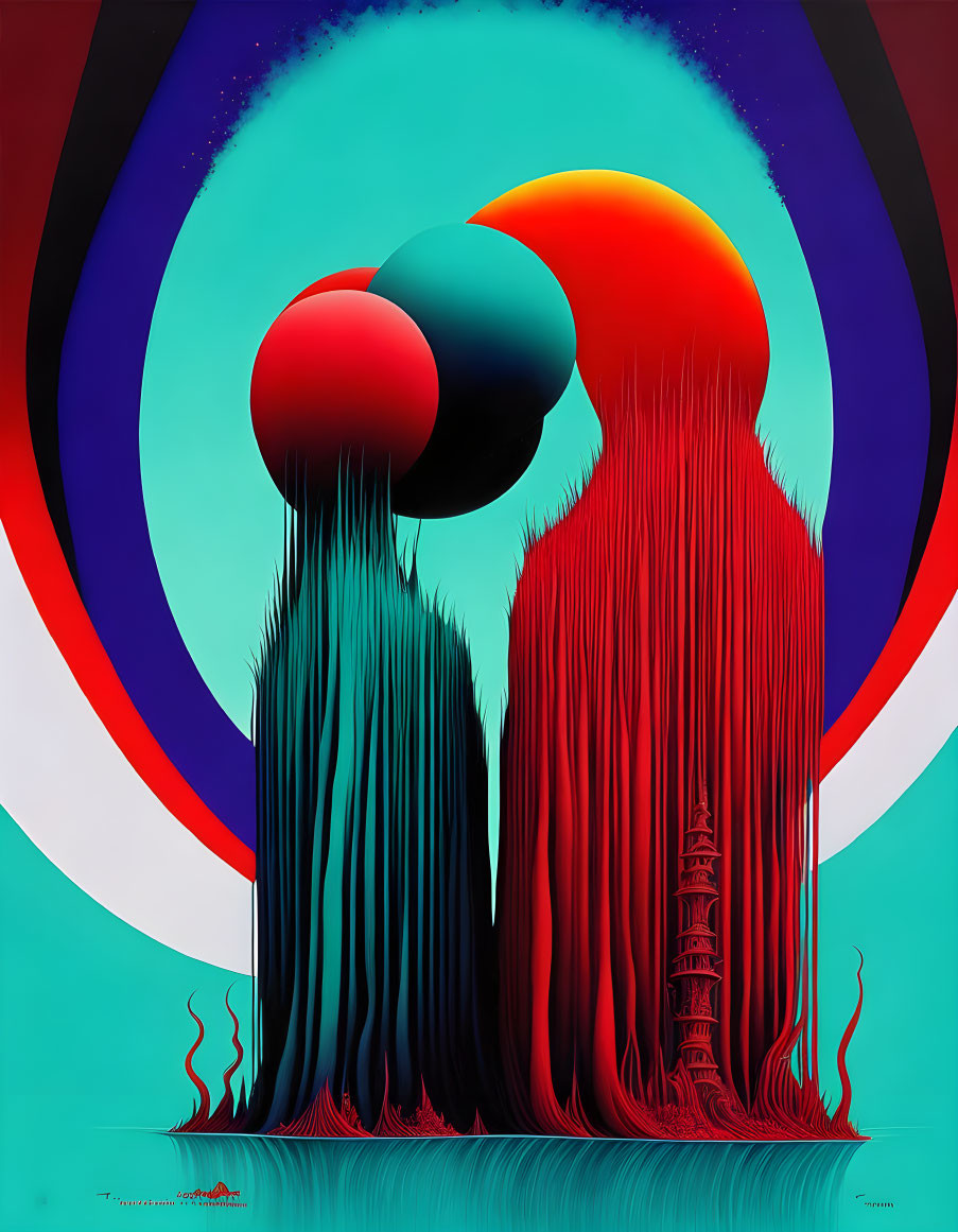 Elongated shapes with drippy textures in red, black, and blue tones