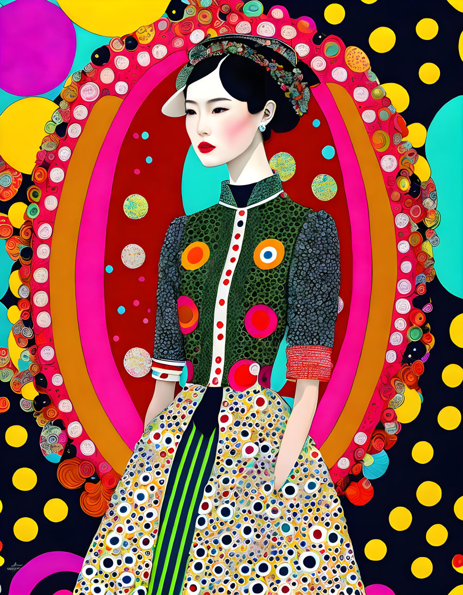 Vibrant digital artwork of stylized woman in contemporary dress