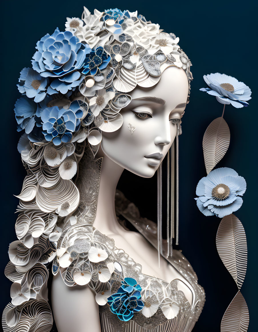 Surreal female portrait with floral patterns in blues and whites