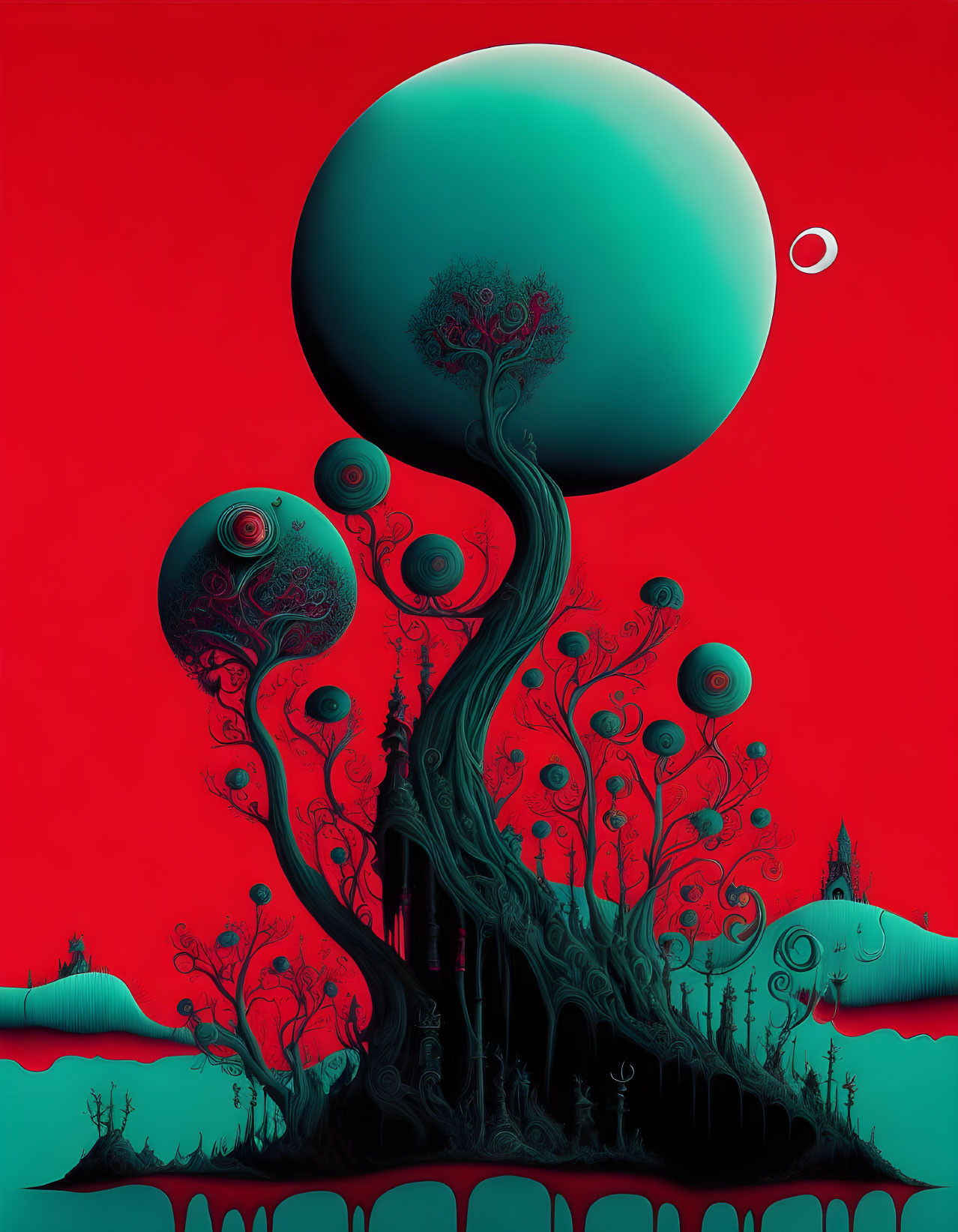 Surreal landscape with tree-like structure and spheres on red background.