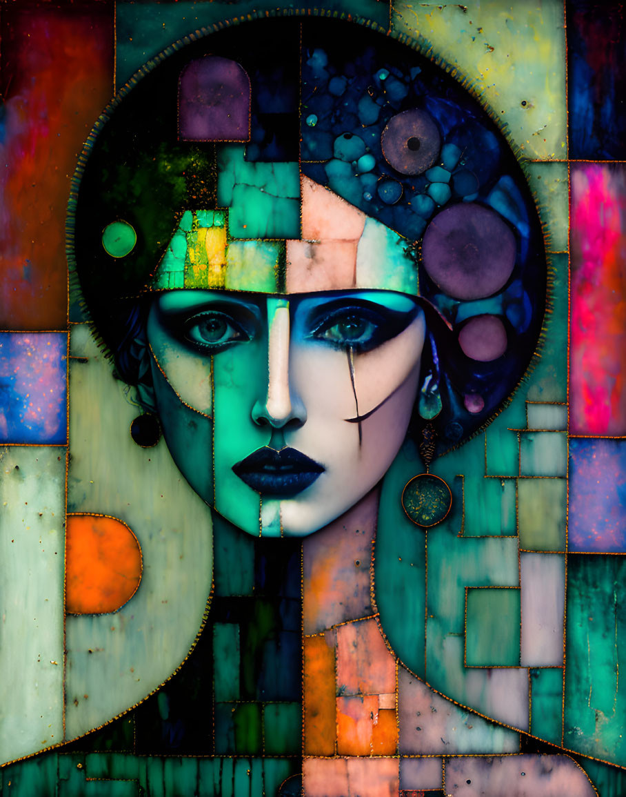 Abstract portrait of stylized woman's face with vibrant geometric shapes