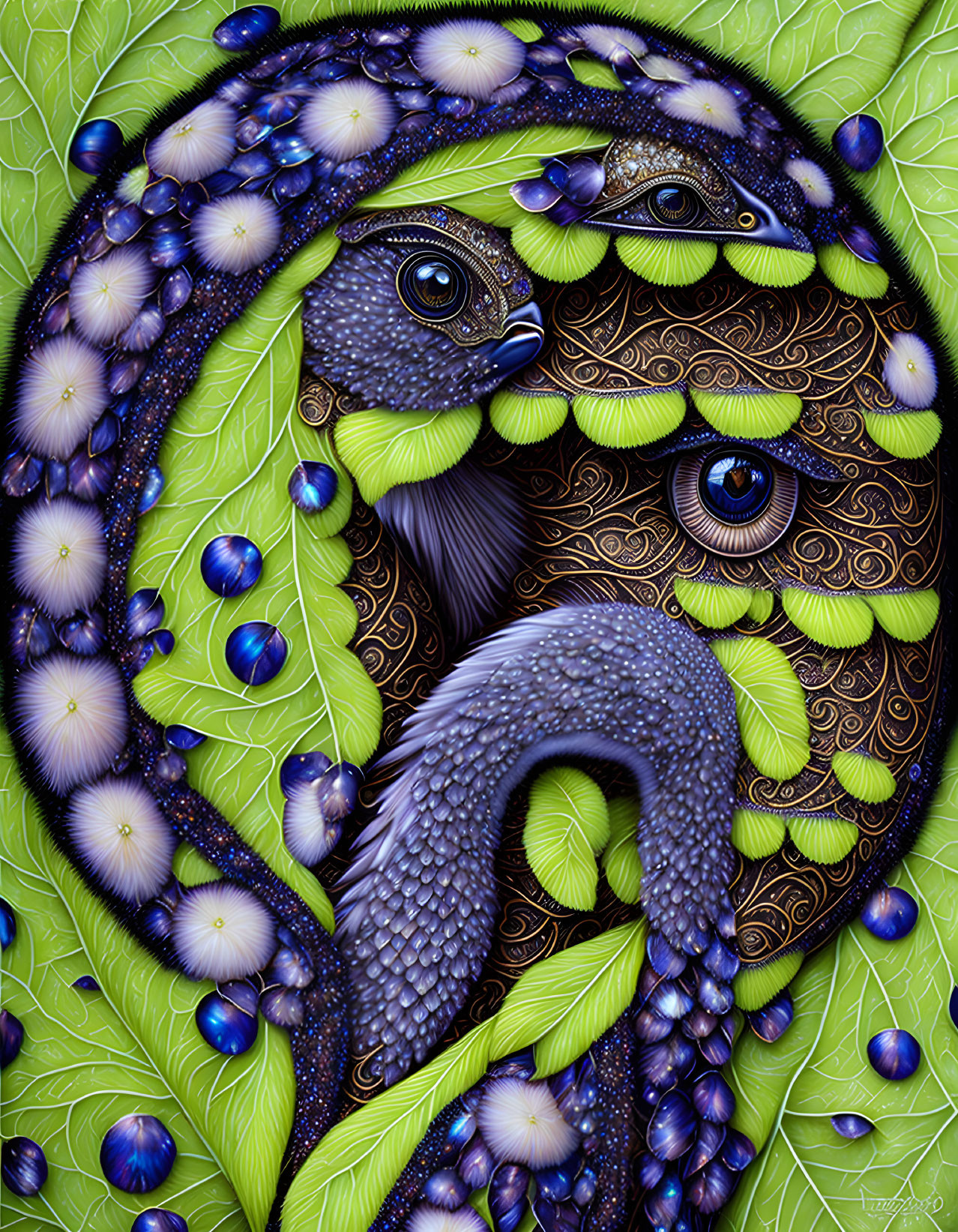 Colorful Peacock Artwork with Psychedelic Patterns in Blues and Greens