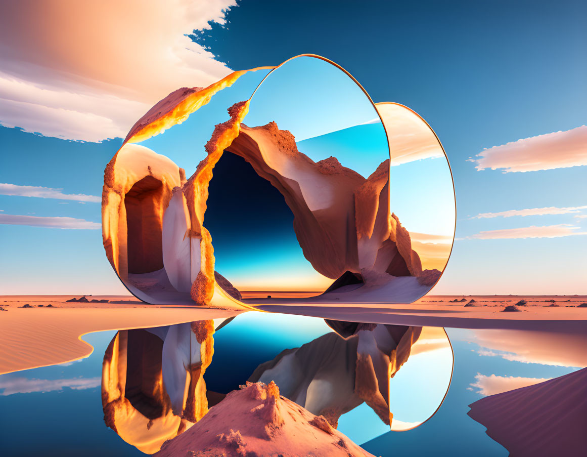 Surreal landscape with rock formation and Möbius strip reflected in water