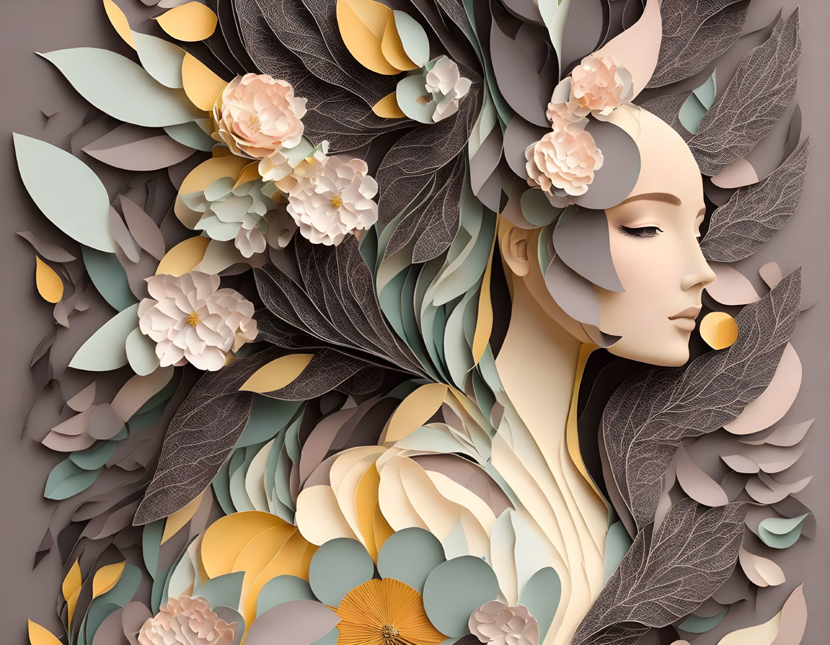 Woman's profile with floral elements in pastel colors