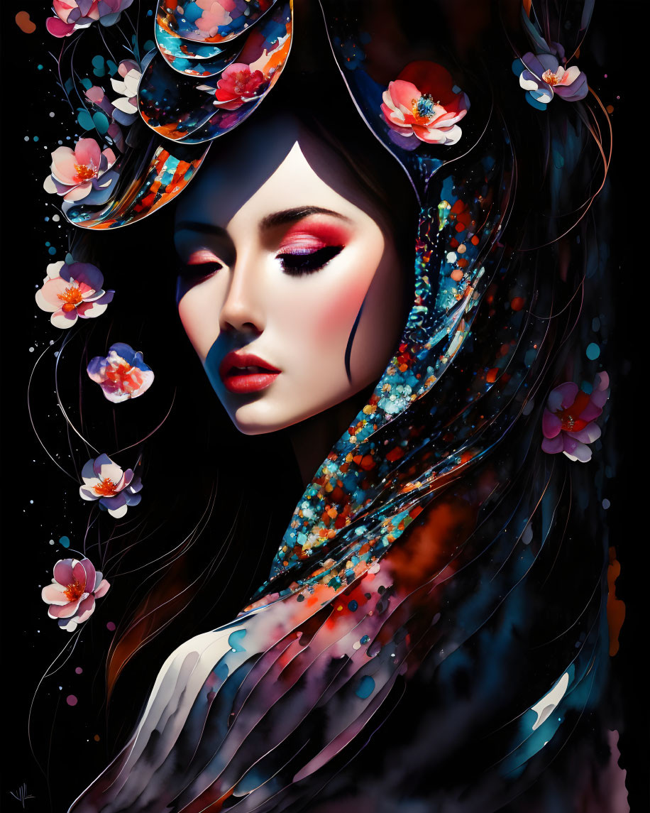 Vibrant digital artwork of woman with floral and swirling patterns