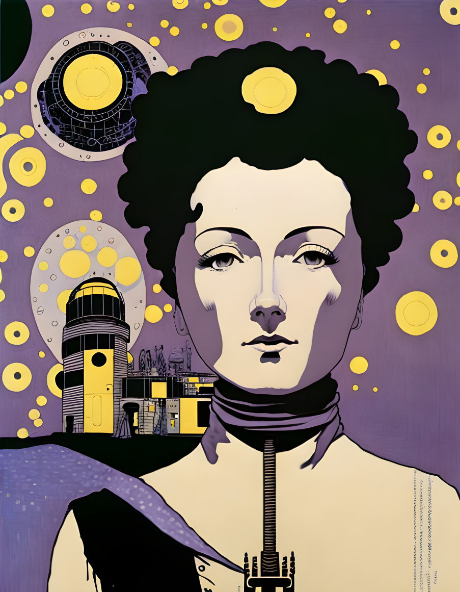 Stylized portrait with person, purple background, yellow circles, lighthouse, and cosmic motif.