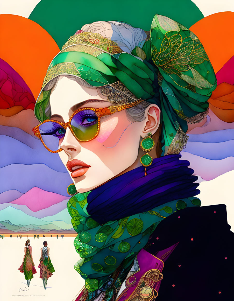 Colorful Woman Illustration with Headscarf, Sunglasses, and Earrings