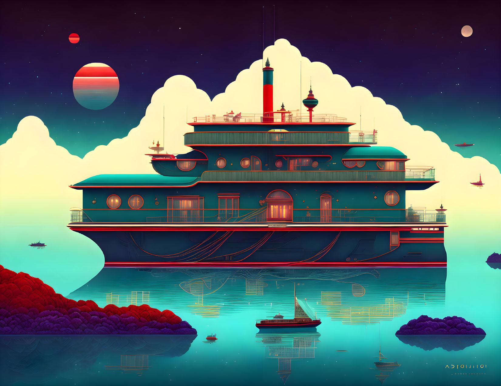 Digital artwork of large stationary ship in serene seascape at twilight