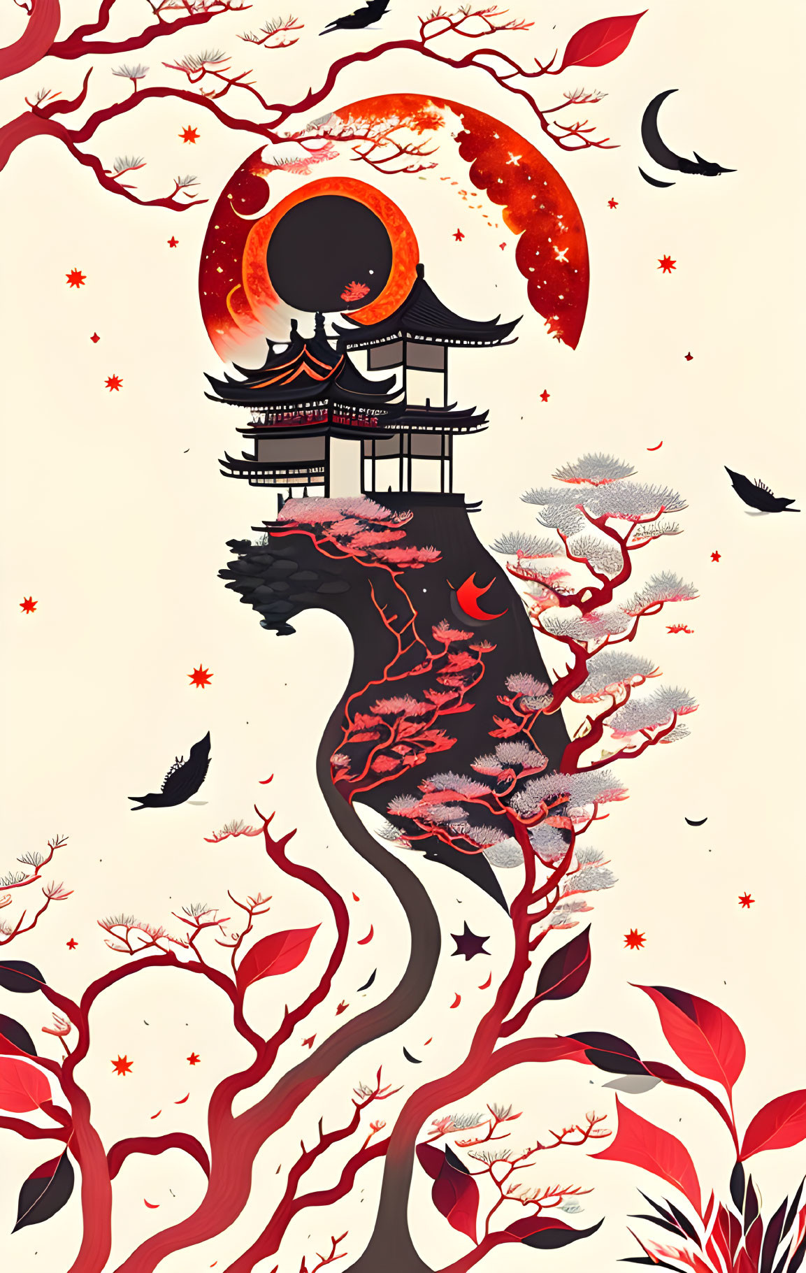 Traditional Asian pagoda with red-leafed trees, birds, red moon, and dragon silhouette.