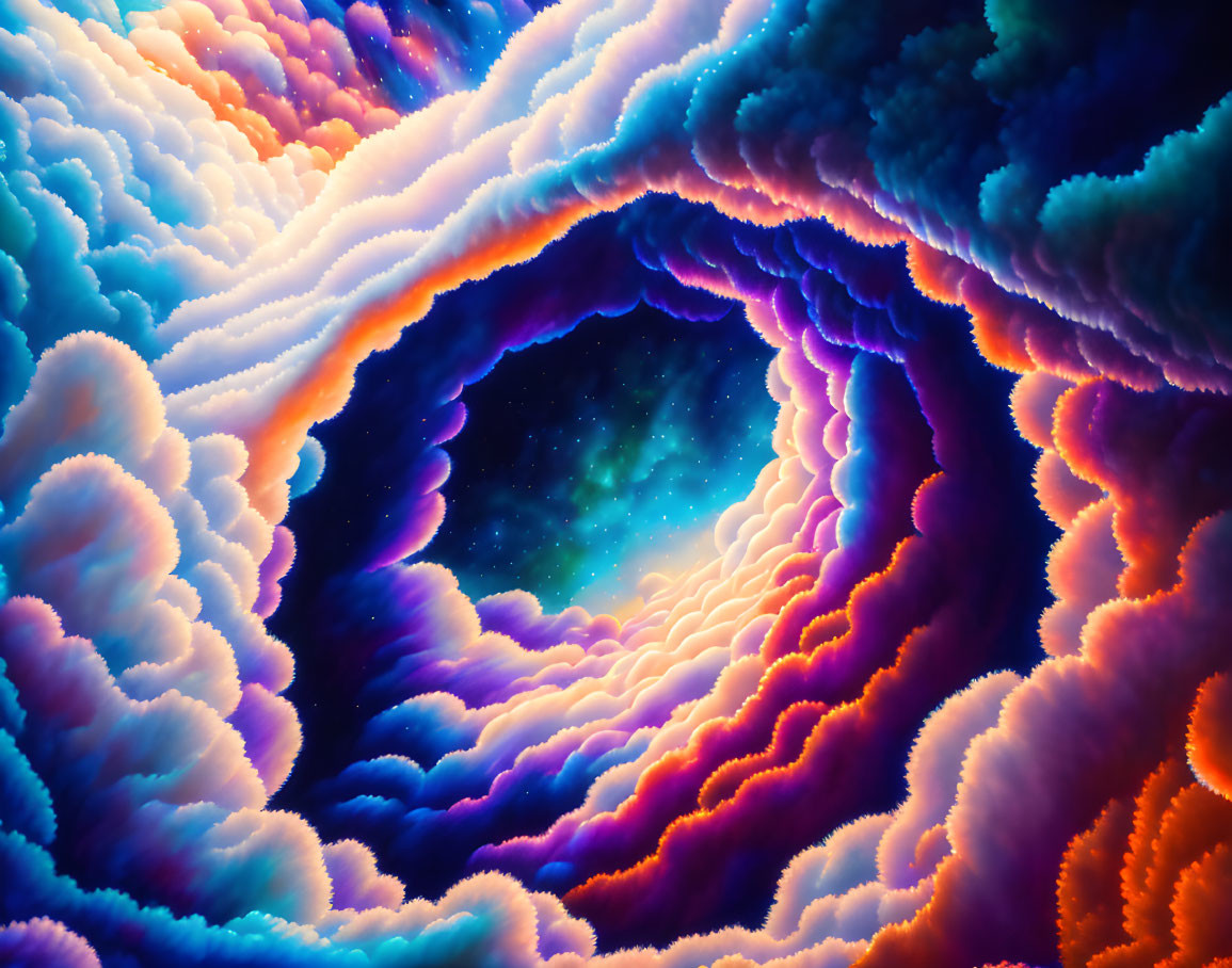 Colorful digital artwork: swirling cloud-like formations on dark blue background