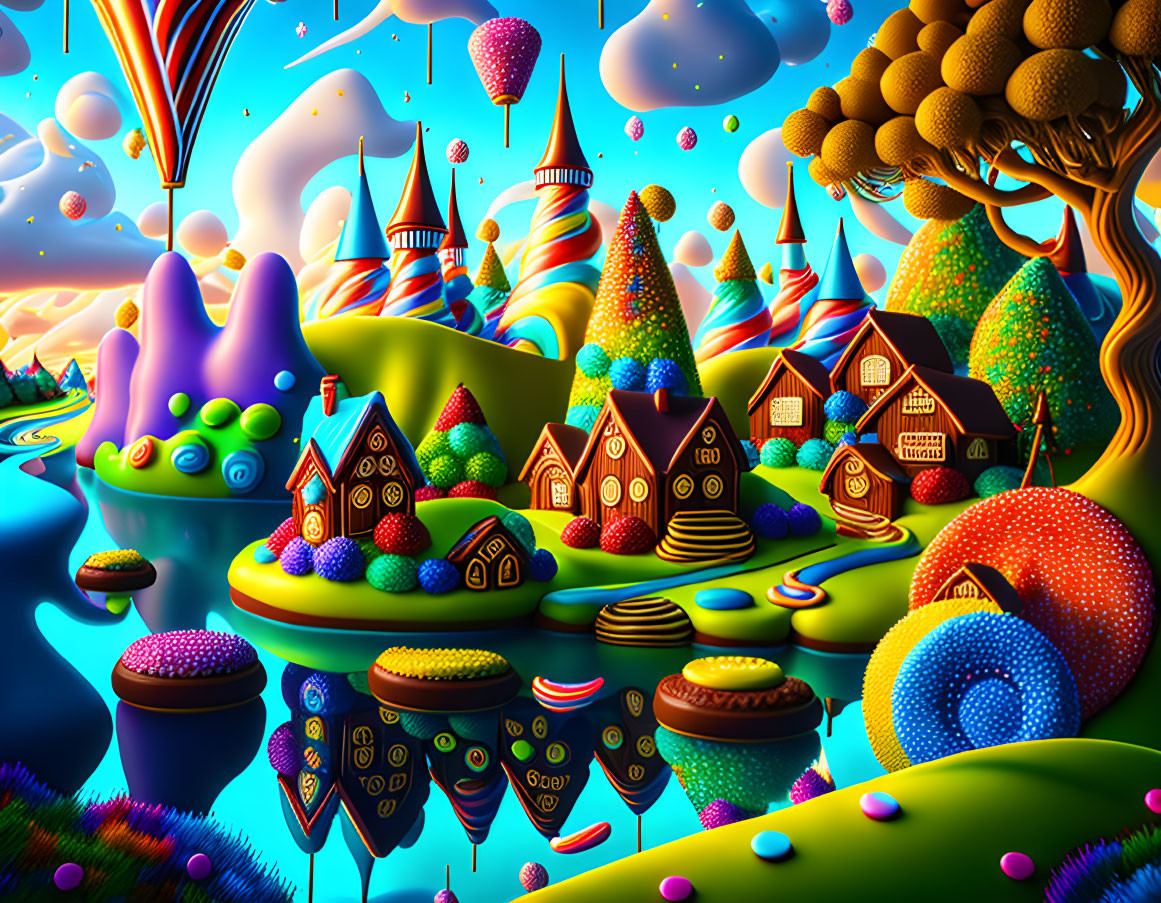 Colorful Fantasy Landscape with Whimsical Houses and Floating Balloons