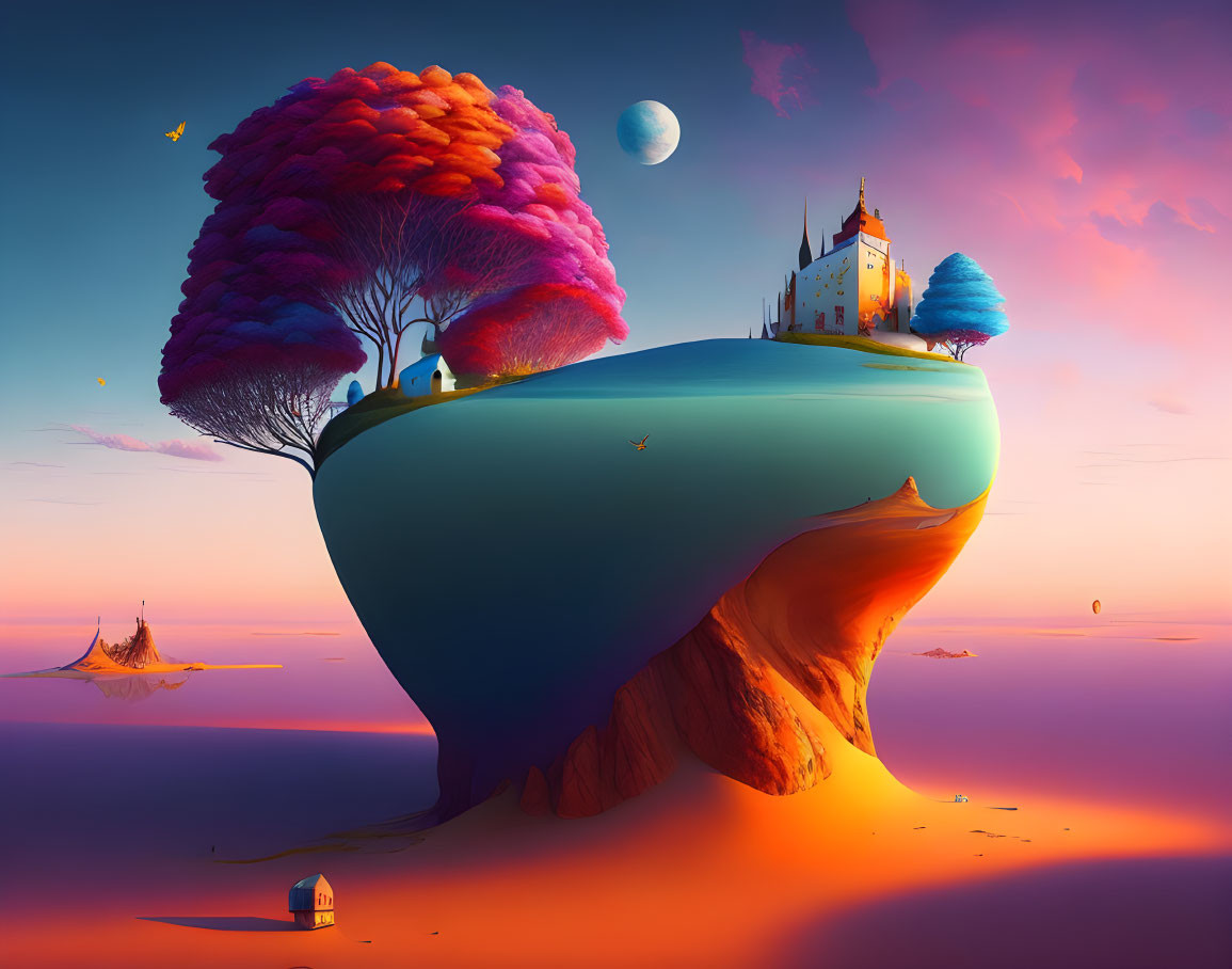 Colorful Floating Island with Castle, Multicolored Tree, and Sunset Sky