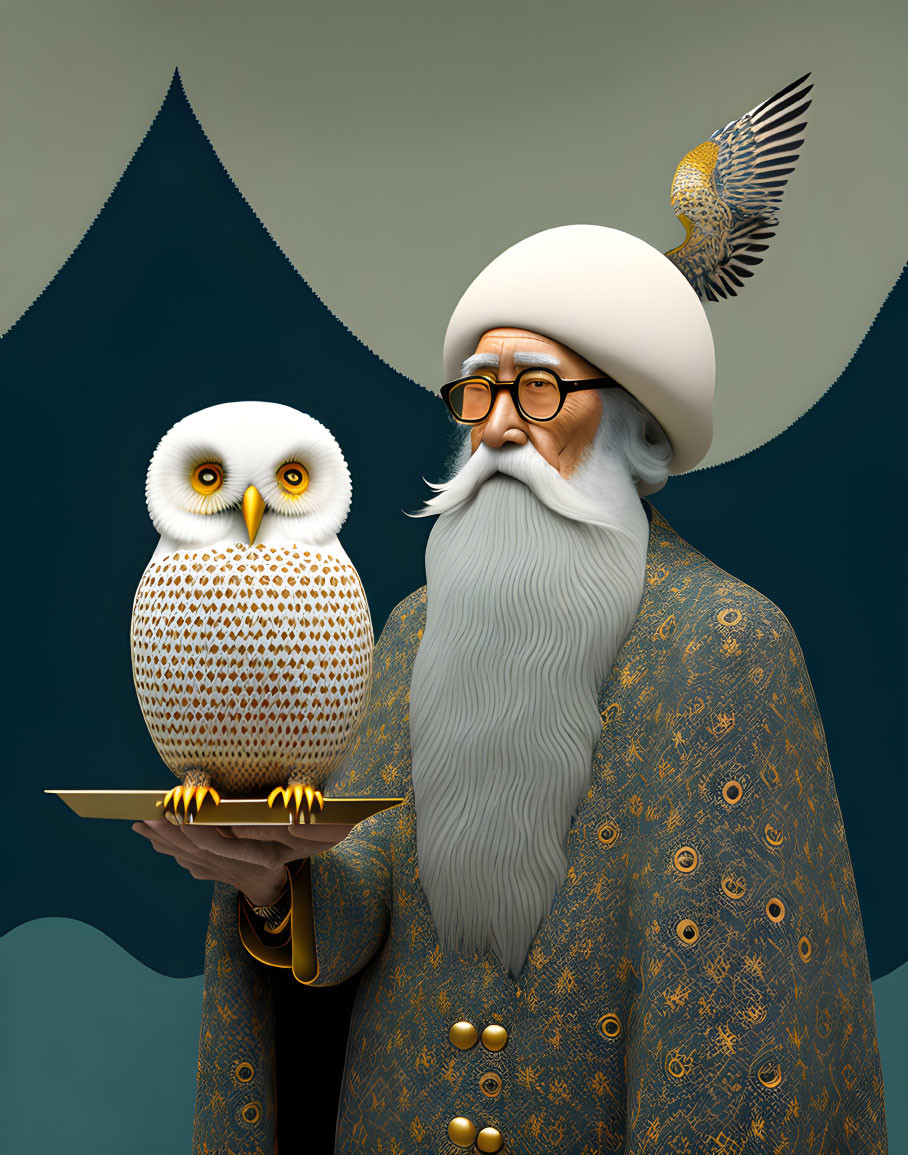 Illustration of wise man with white beard holding owl and smaller bird