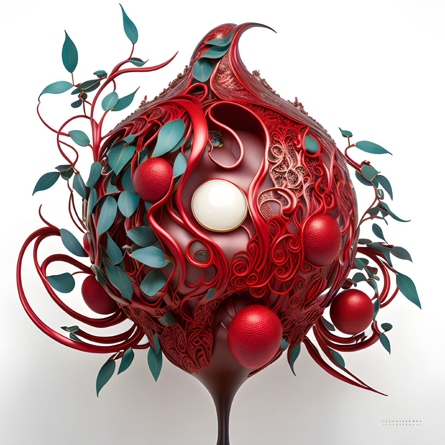 Ornate 3D Digital Artwork: Intricate Red Spherical Sculpture with Green Leaves