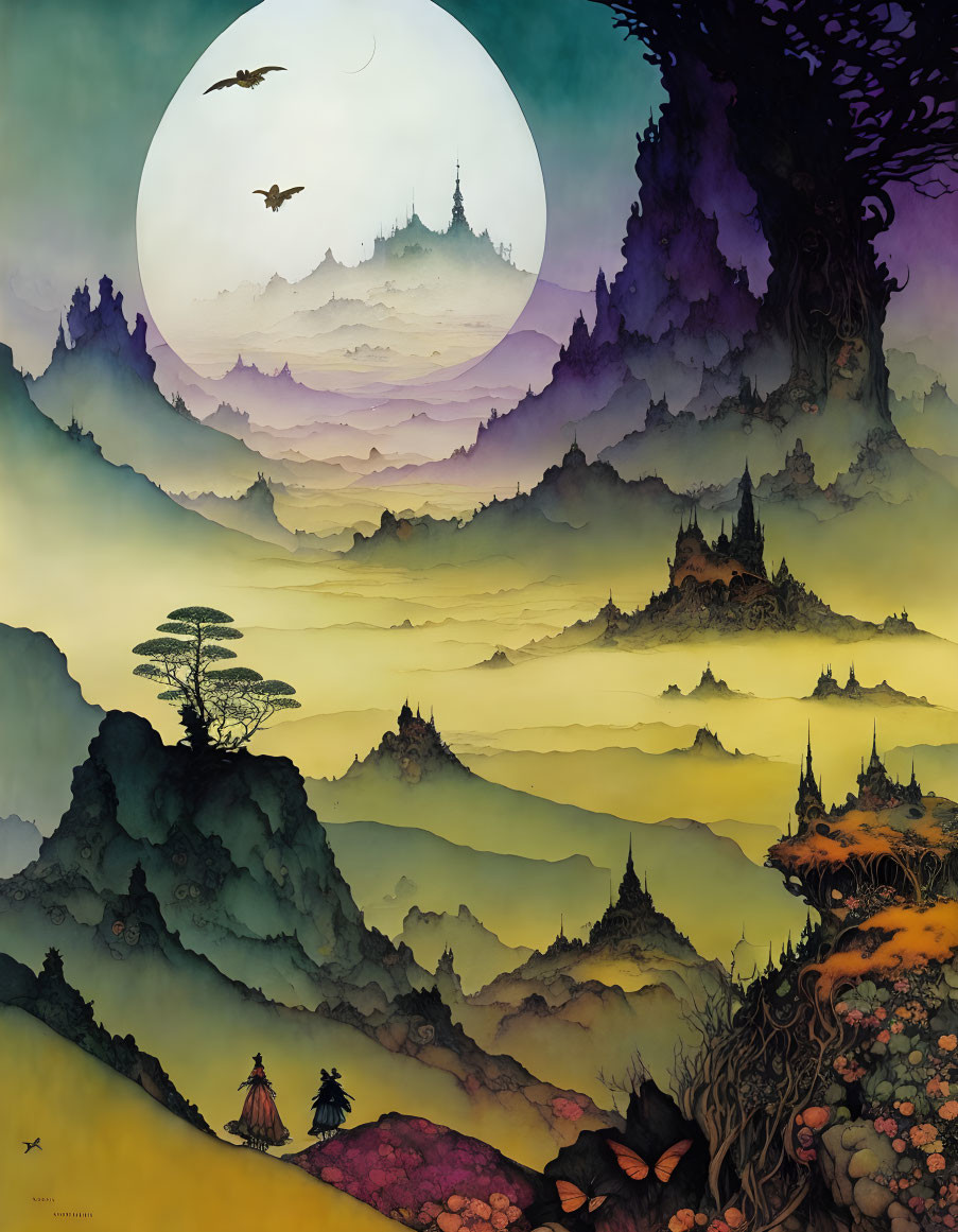 Fantastical landscape with moon, misty valleys, figure in cloak, castles, trees under