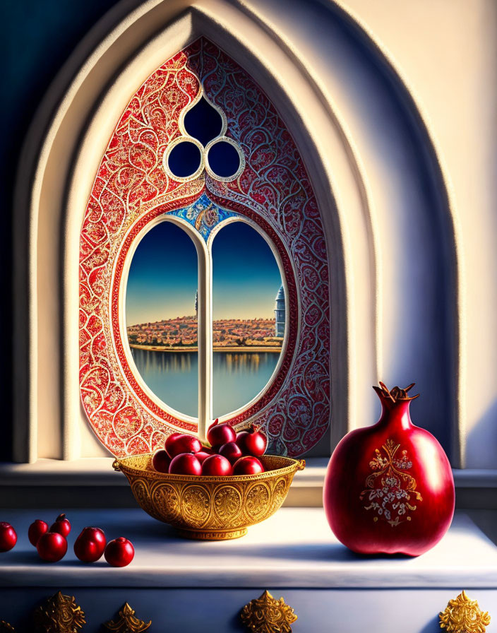 Intricate Gothic window with red pattern, golden bowl, and decorated pomegranate overlooking waterfront