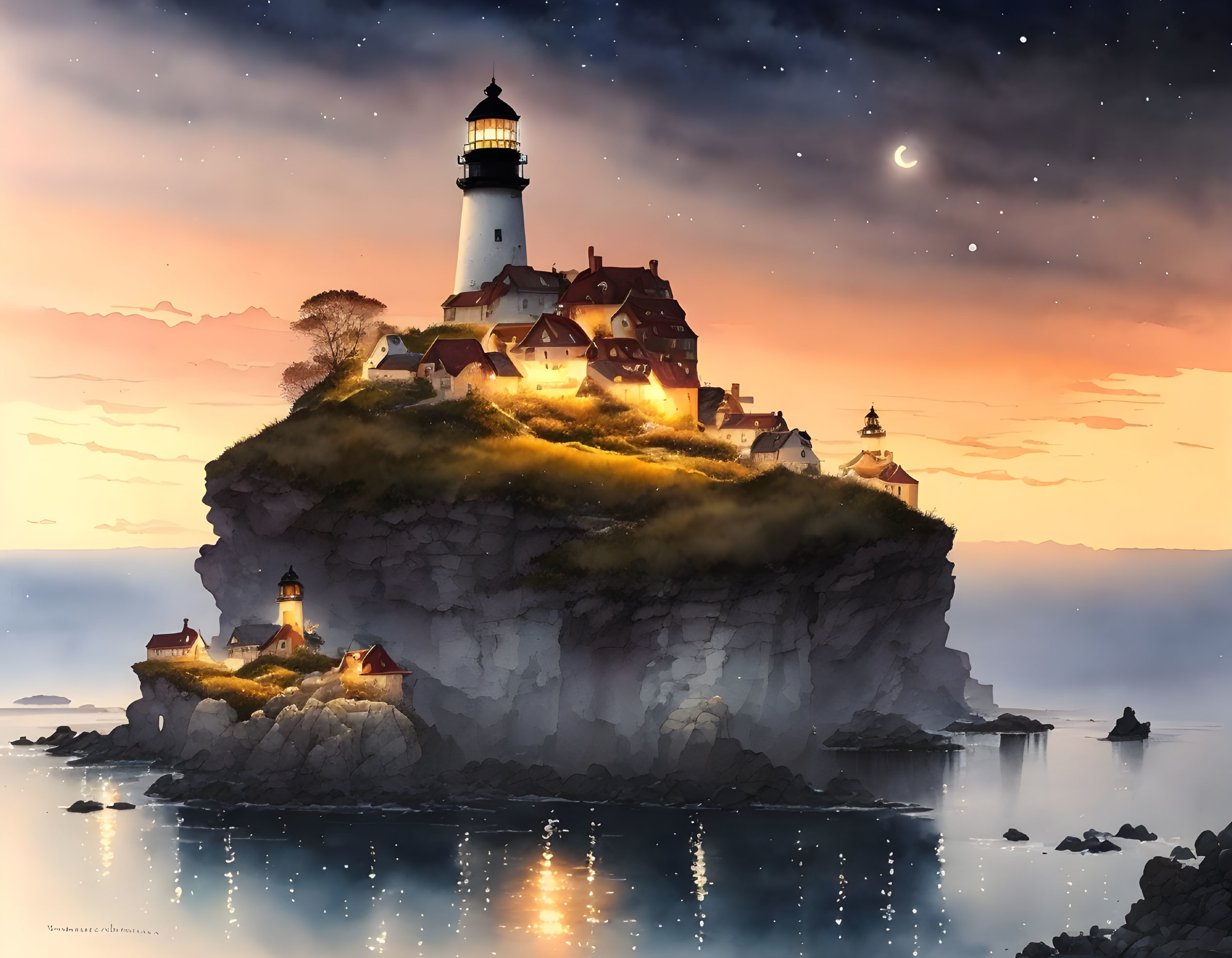 Tranquil night landscape with lighthouse, cliff, starry sky, and boats