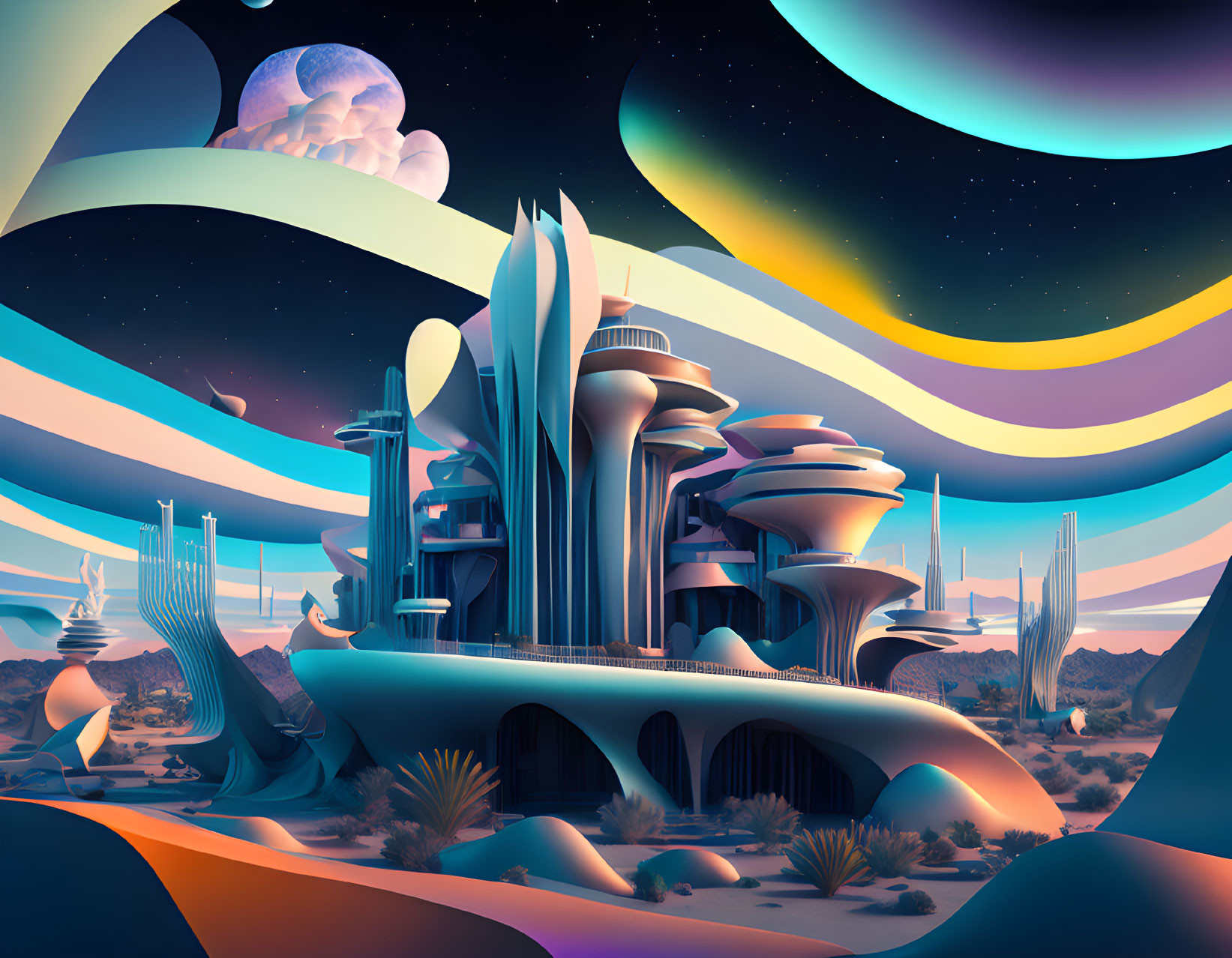 Vibrant surreal landscape with futuristic architecture in desert setting