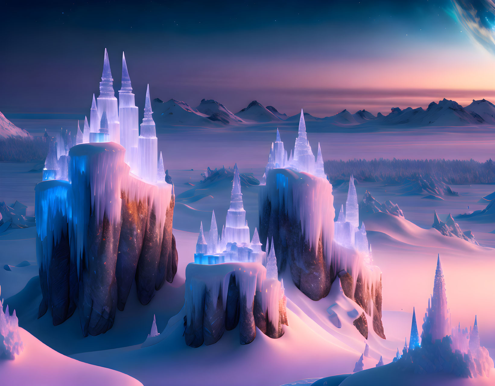 Majestic ice castles in snow-covered fantasy landscape