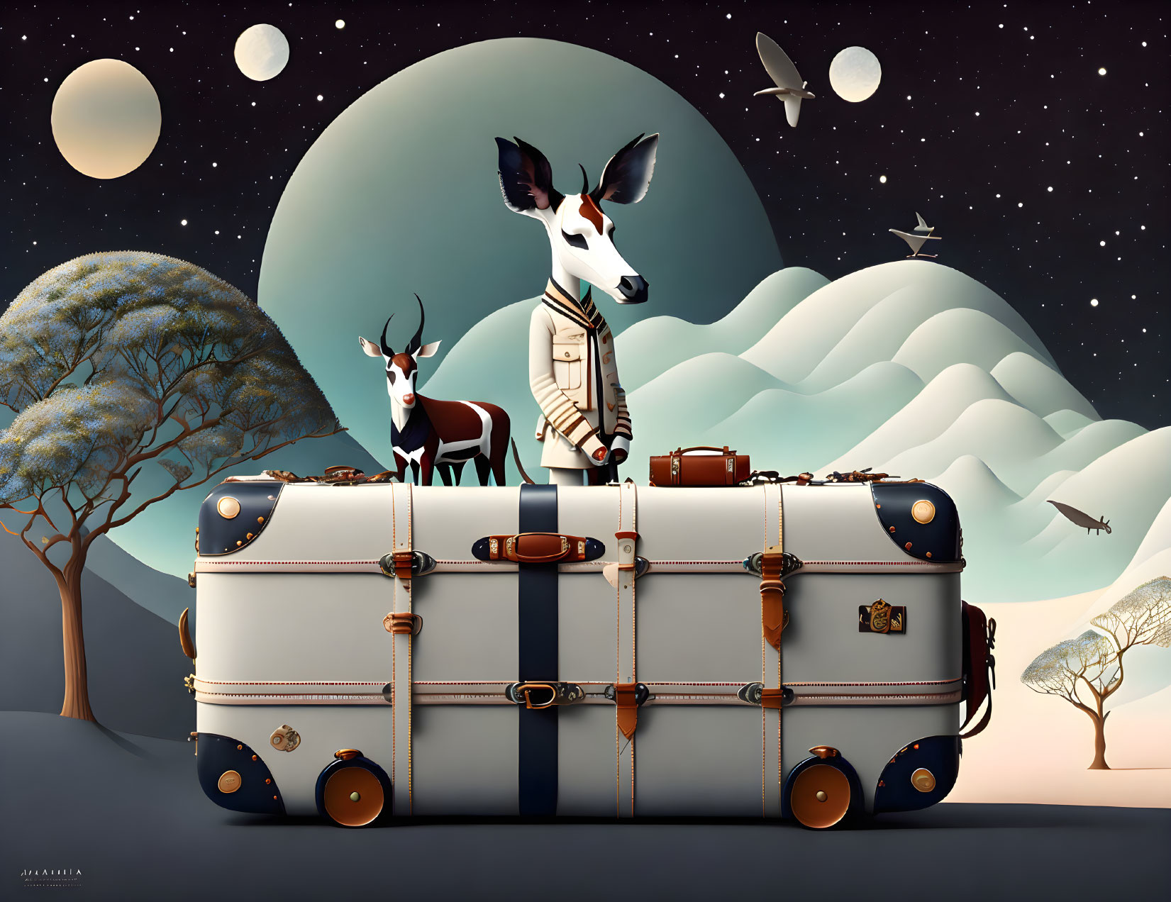 Stylized deer on vintage suitcase with moon and planets backdrop